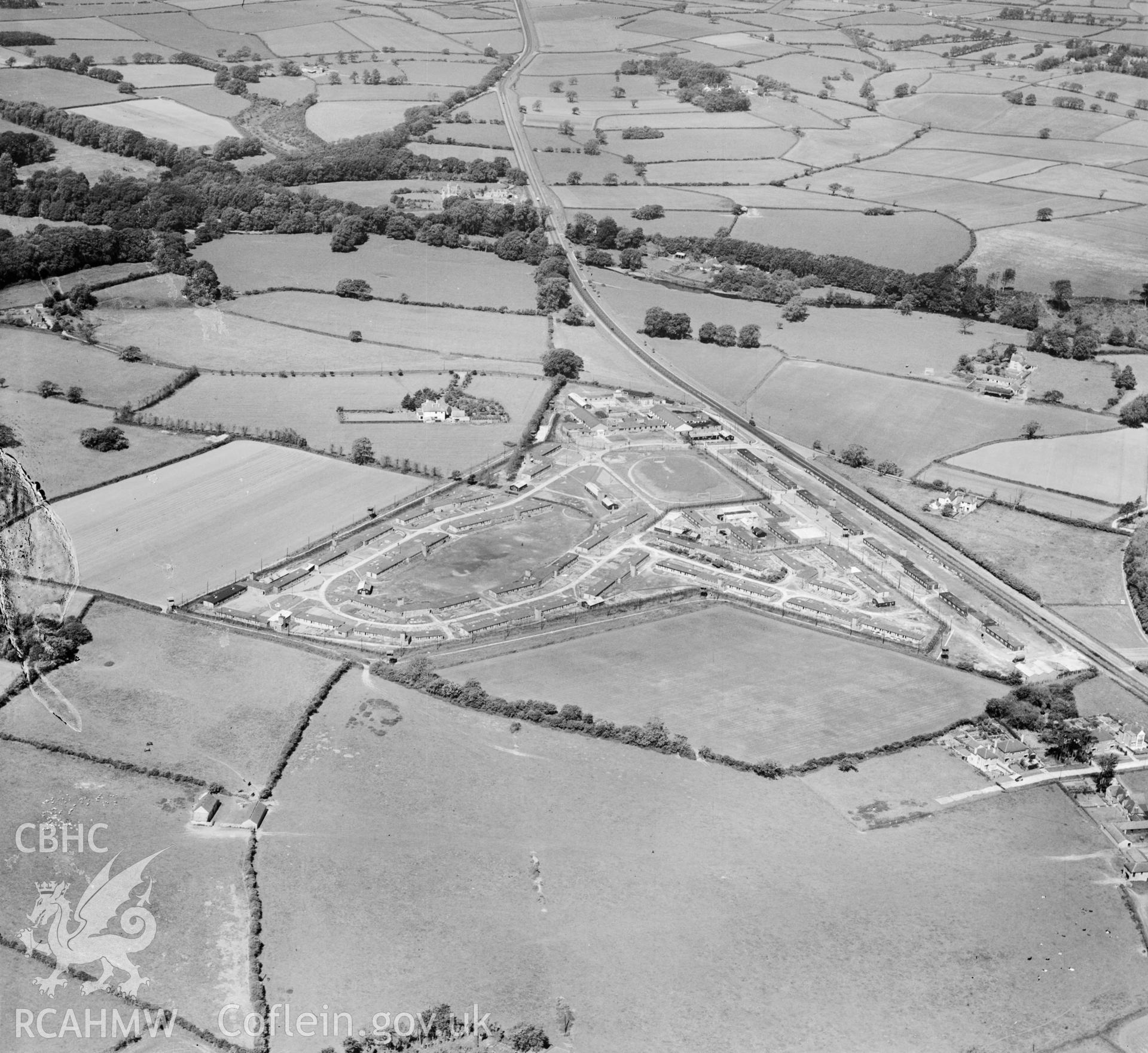 View of Island Farm POW camp - the photograph was commissioned by the Gee, Walker & Slater construction company in 1947 for possible reuse as a development site for new housing.