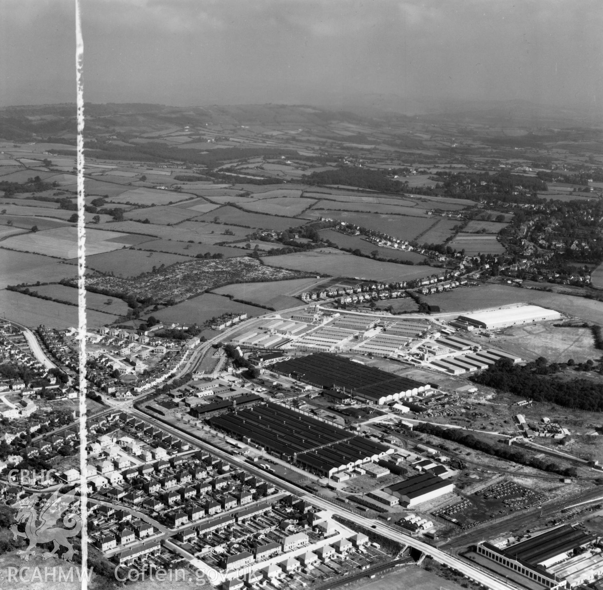 General view of factories and government buildings including the RO factory and new Inland Revenue buildings at Llanishen. Oblique aerial photograph, 5?" cut roll film.