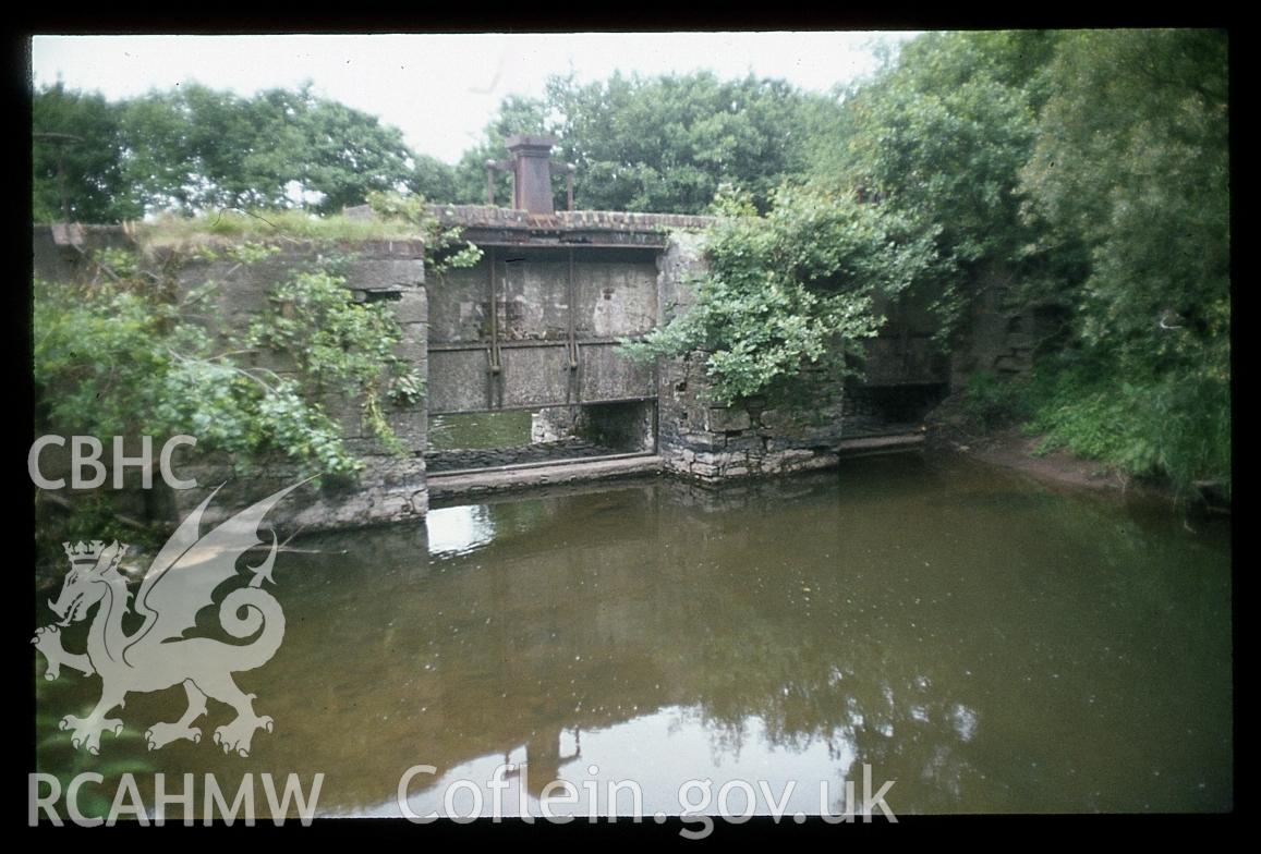 View of sluices and dam at Kidwelly Tinplate Works in 1982