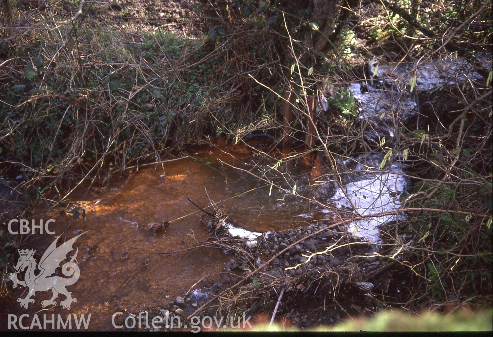 Digital photograph showing Caban water level for draining Ffwrd & Cade collieries, Pembrey, taken February 1990.