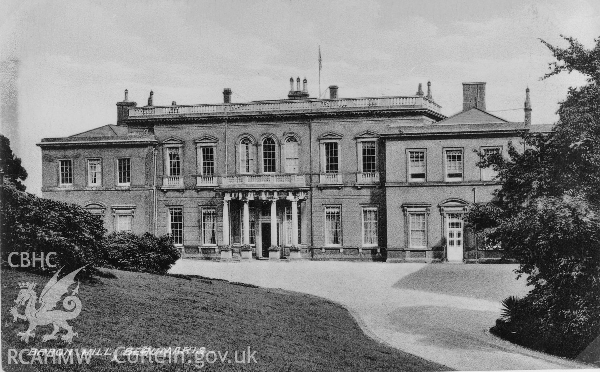 Black and white print showing exterior of Baron Hill, Beaumaris, copied from a postcard loaned by Thomas Lloyd.