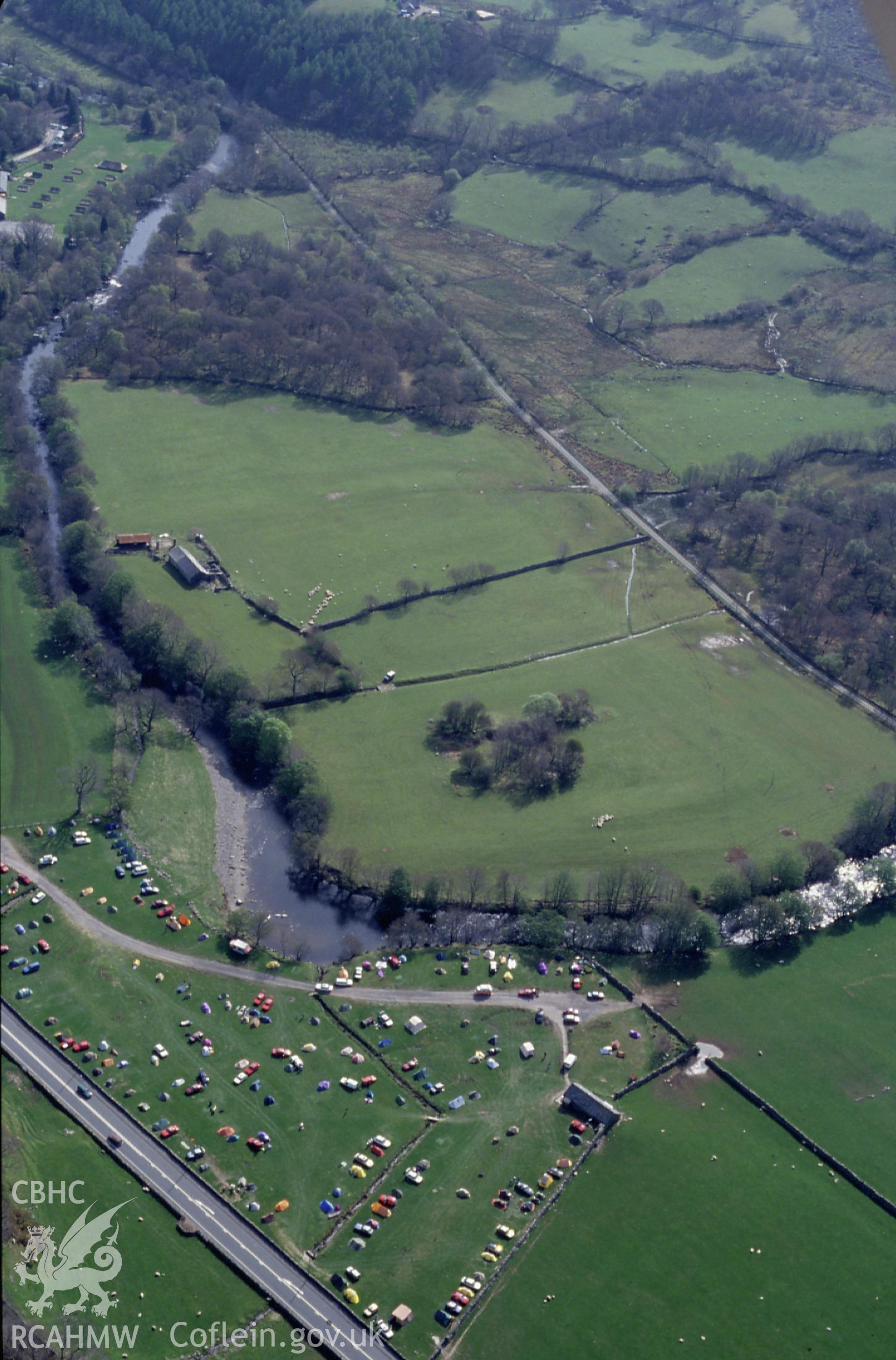 RCAHMW colour slide oblique aerial photograph of Bryn-y-gefeiliau Roman Site, Capel Curig, taken by C.R. Musson, 01/05/94