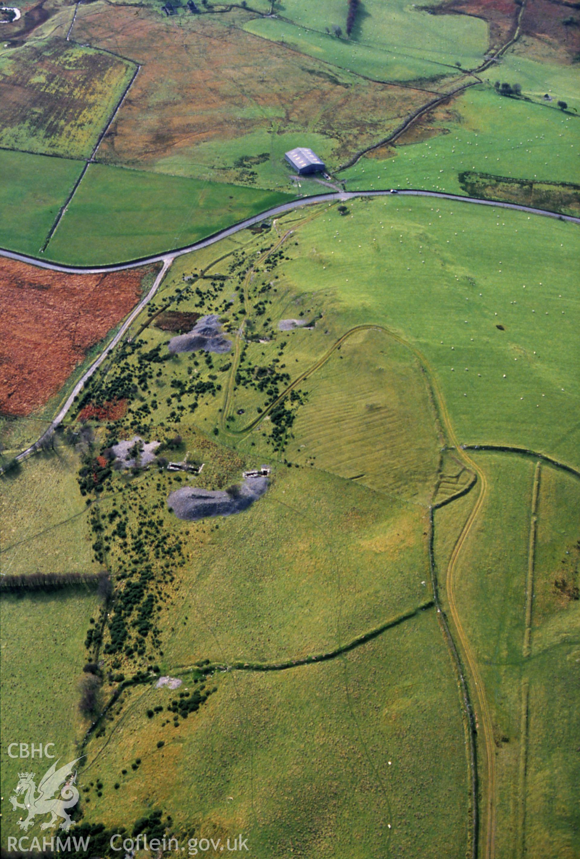 RCAHMW colour slide oblique aerial photograph of Penlan Fach Mine, approximately 700m north-west of Tanyrhydiau Farm, Ysbyty Ystwyth, taken on 29/10/1992 by CR Musson