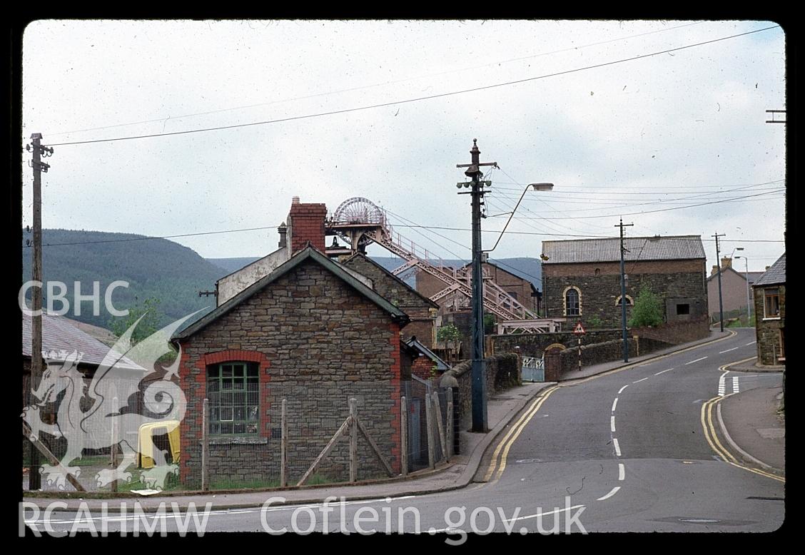 Digital photograph of part of Pontycymmer showing headgear of  Ffladau colliery, taken 1980.