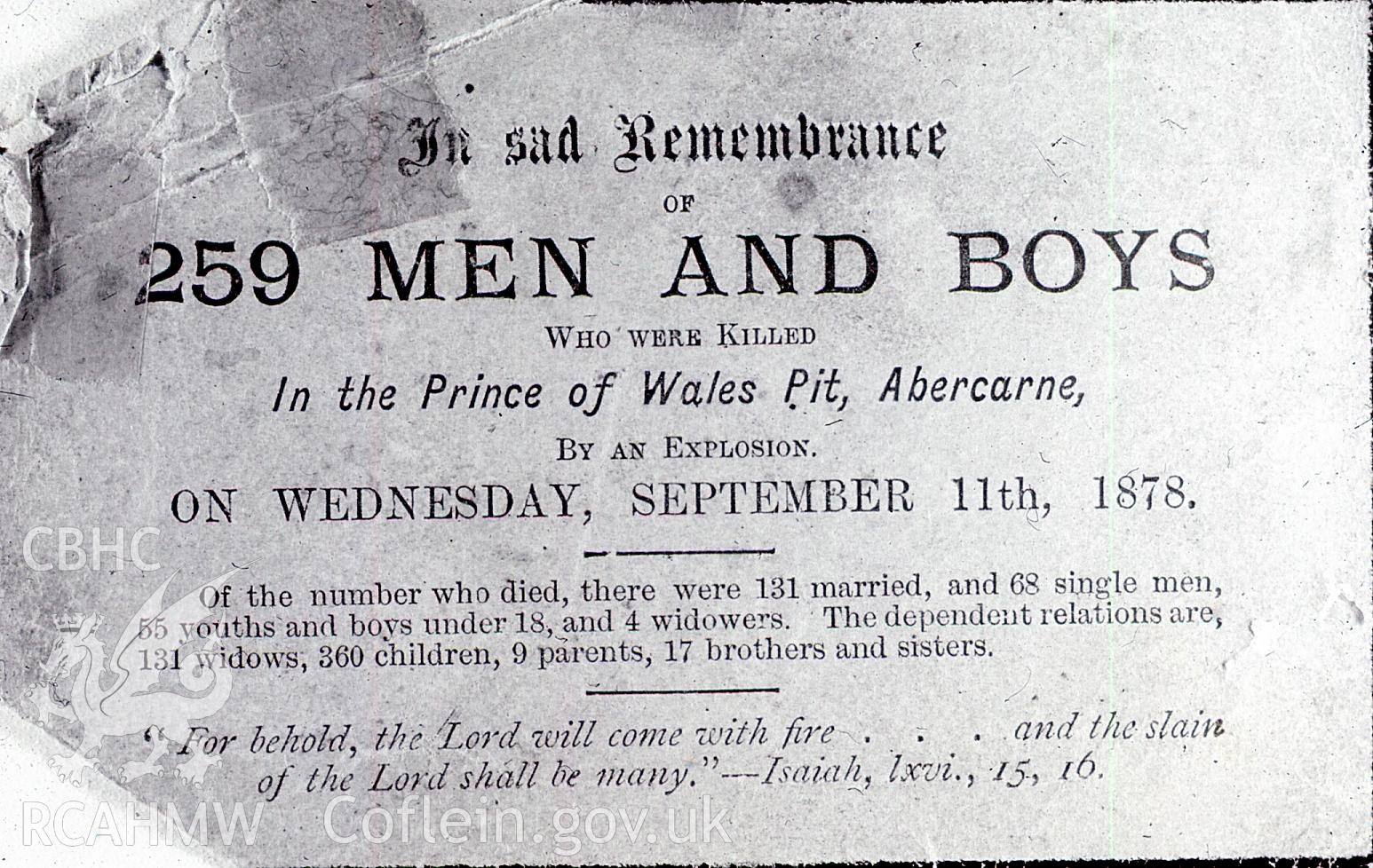 Digital copy of remembrance card for those killed by the 1878  explosion at the Prince of Wales colliery, Abercarn, undated