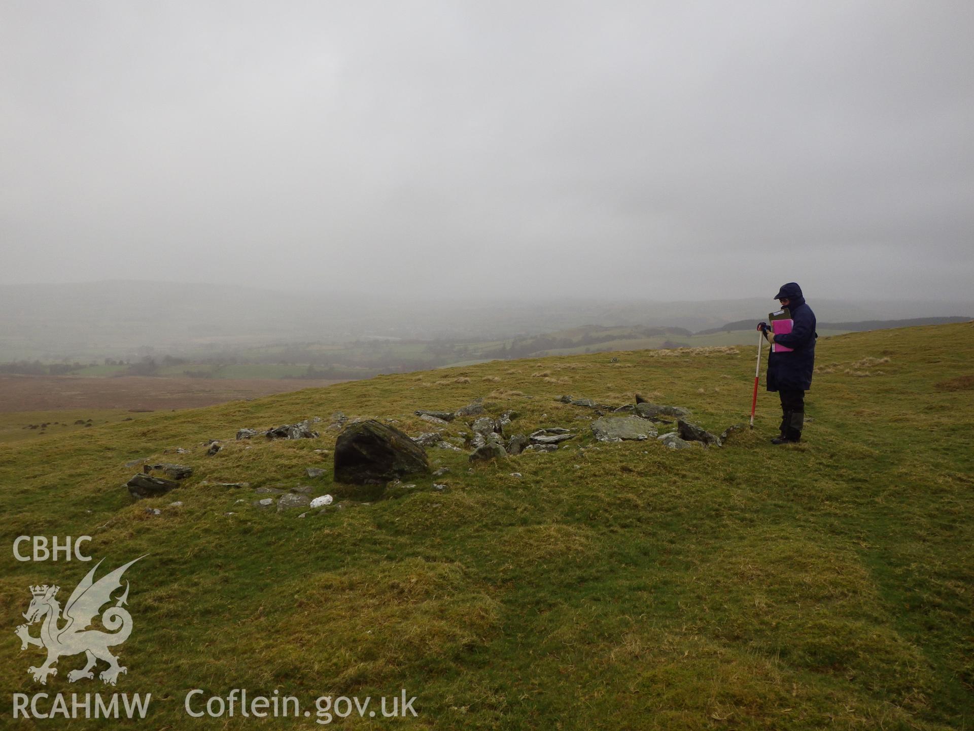 Low, grassed-over stone cairn, looking north, with the orthostatic stone clearly visible..