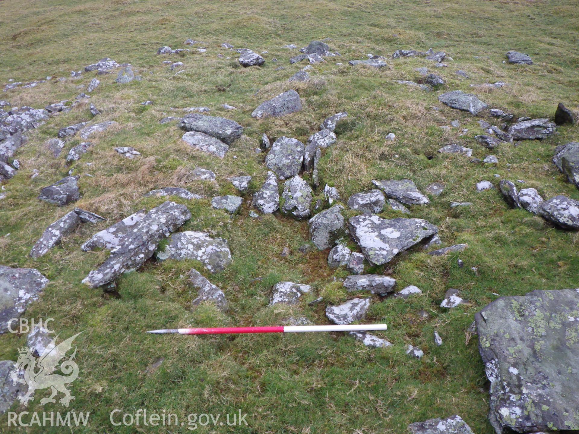 Detail of the cist in the cairn, looking north.