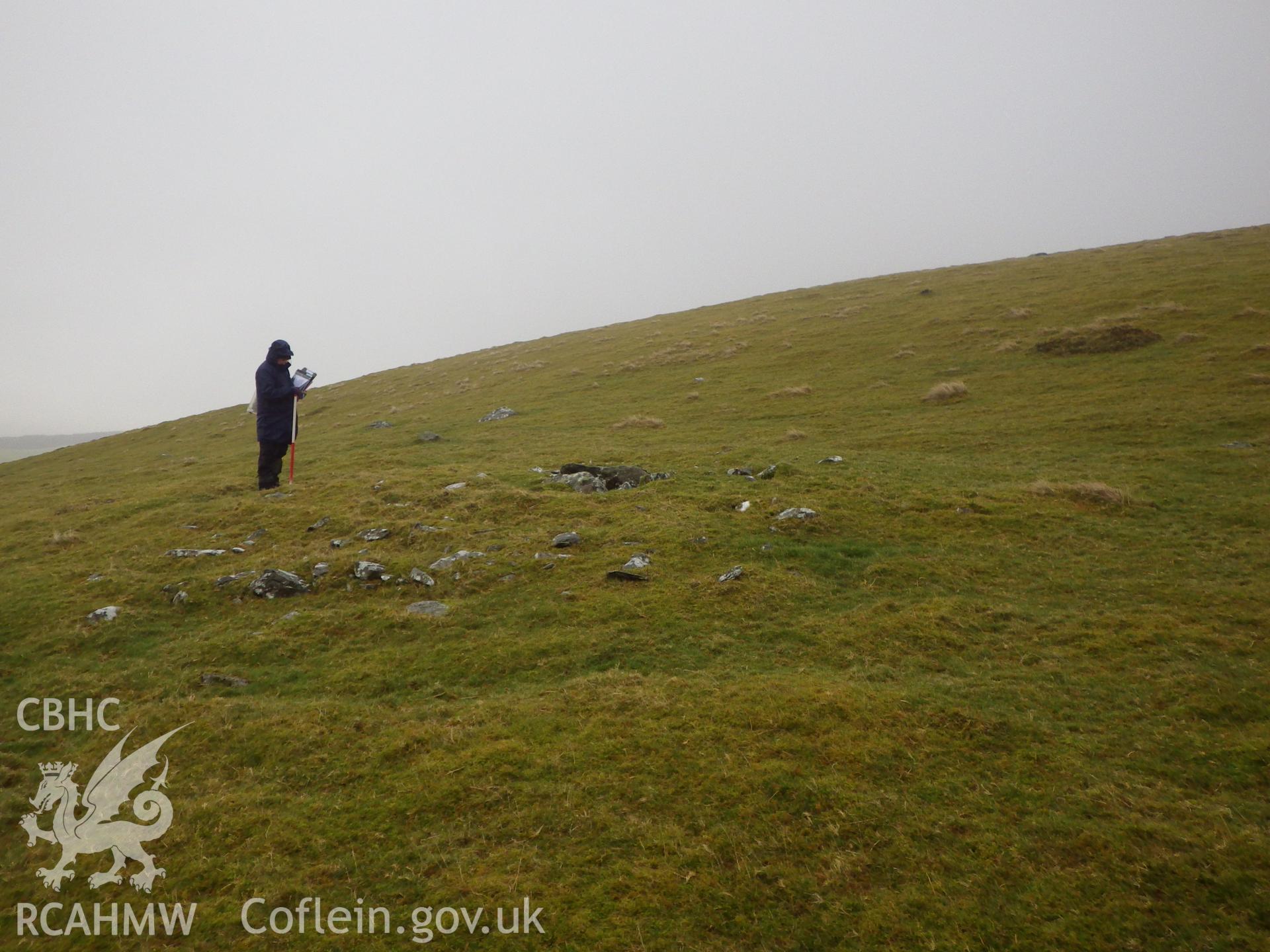 Grass-covered cairn, looking north.