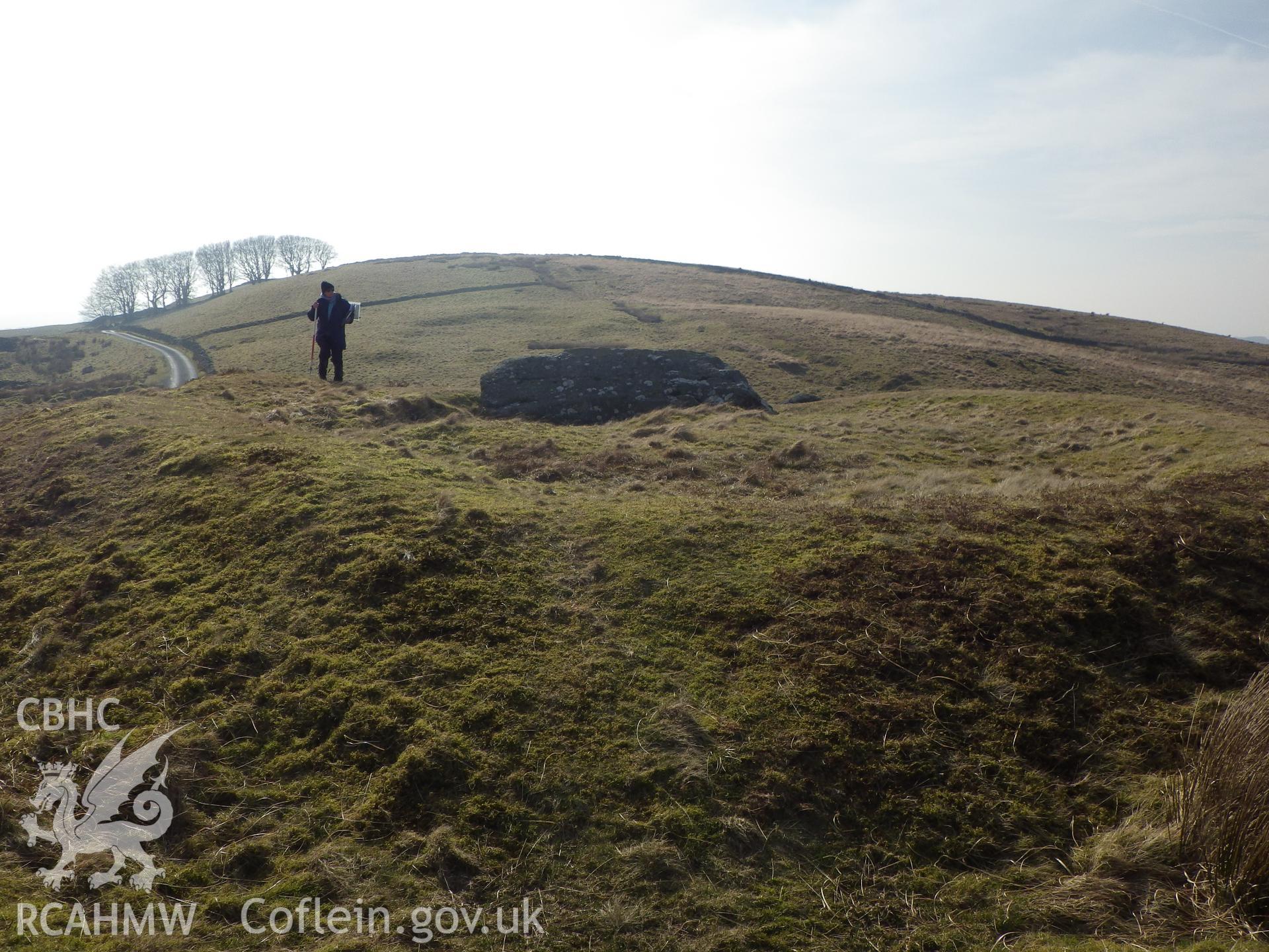 Detail of the stone on the northwest side of the earthwork feature at Carreg y Bwci, looking south southwest.