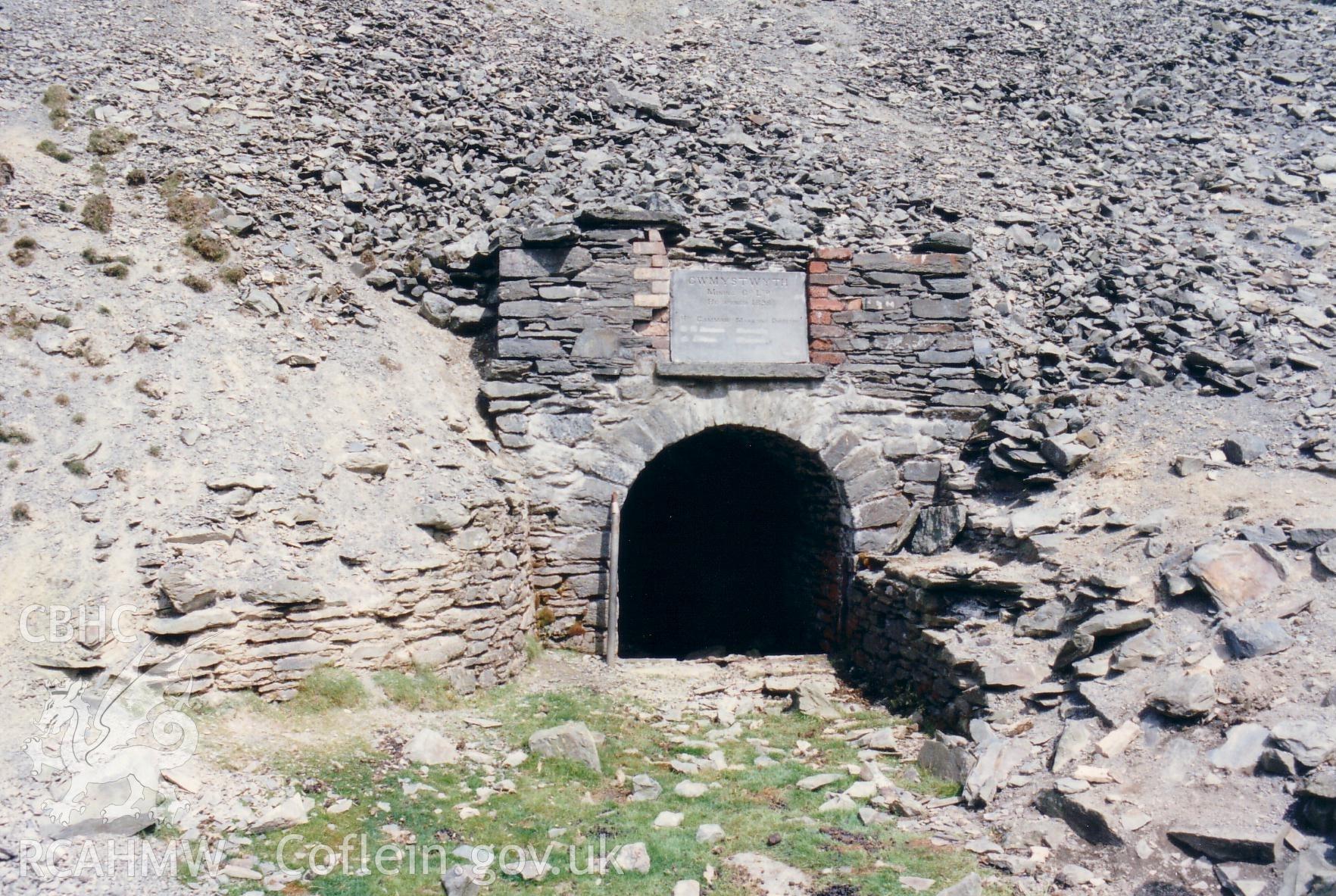 Entrance to Level Fawr with plaque (on loan from Llywernog Mining Museum for photo)