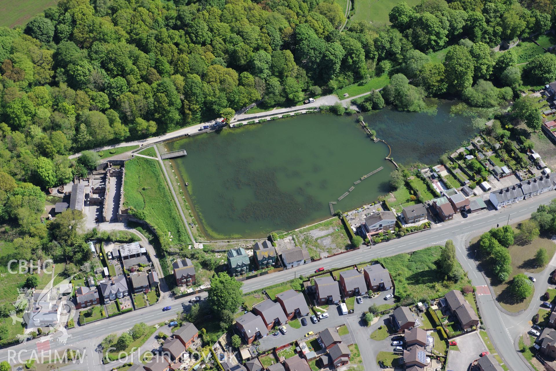 Lower Cotton Mill and Greenfield Valley Heritage Park, Holywell. Oblique aerial photograph taken during the Royal Commission?s programme of archaeological aerial reconnaissance by Toby Driver on 22nd May 2013.