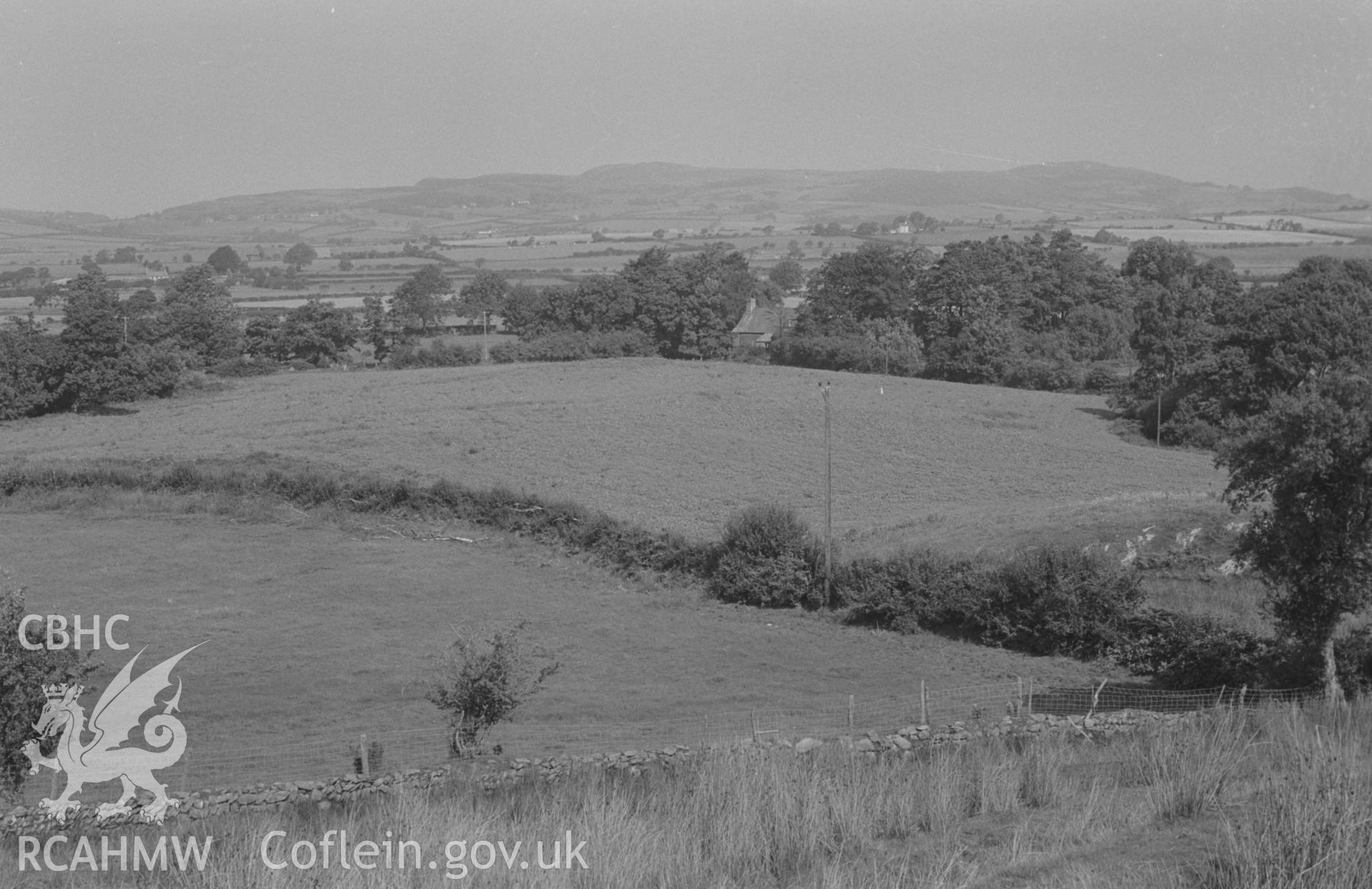 Digital copy of a black and white negative showing the site of the church of the Hen Fynachlog (126 x 42ft, cf S. W. Williams, 1889) in middle of large field in centre of picture; Old Abbey Farm beyond. Photographed by Arthur O. Chater in August 1967. (Looking north north west from Grid Reference SN 7184 6436).