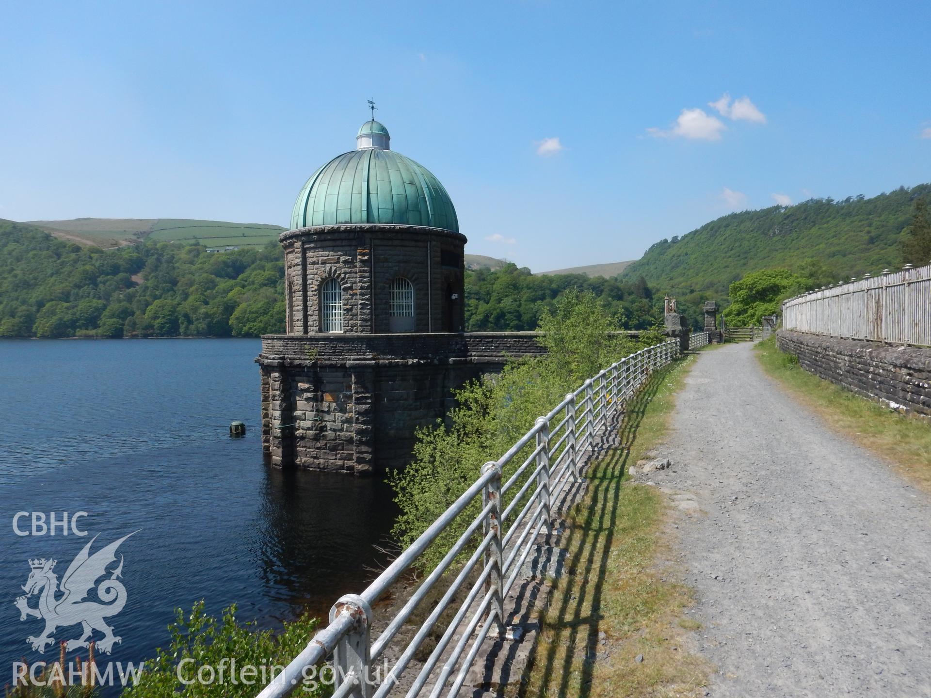 Foel Valve Tower, looking south-west. Photographed as part of Archaeological Desk Based Assessment of Afon Claerwen, Elan Valley, Rhayader, Powys. Assessment conducted by Archaeology Wales in 2018. Report no. 1681. Project no. 2573.