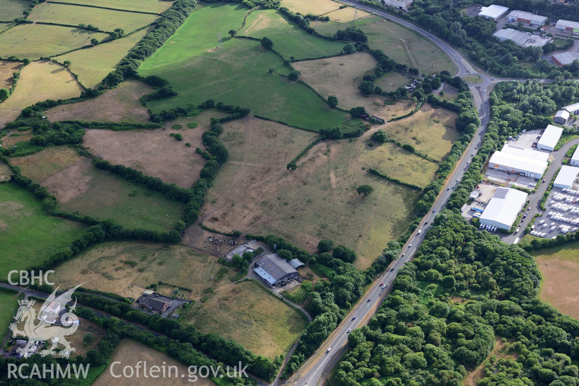 Royal Commission aerial photography of parchmarks at SN 539 016 to north of St Davids Pit taken on 17th July 2018 during the 2018 drought.