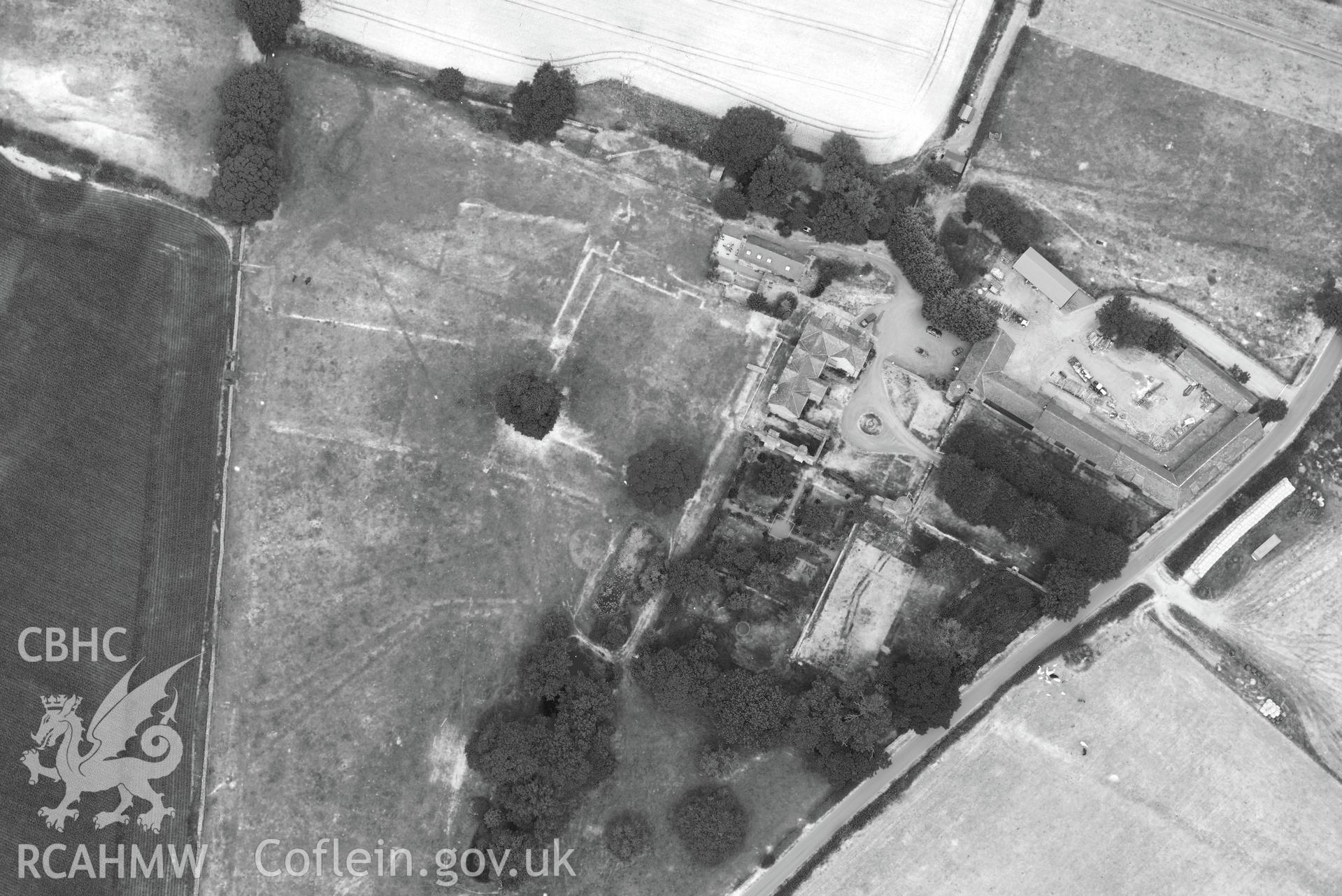 Royal Commission aerial photography of Old Gwernyfed, with parchmarks, taken on 19th July 2018 during the 2018 drought.