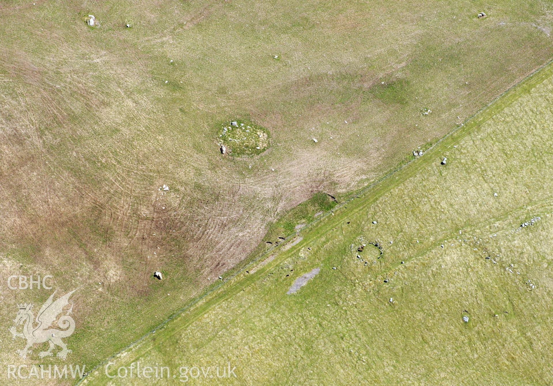 Cairn circles at Moel Goedog, Harlech. Oblique aerial photograph taken during the Royal Commission?s programme of archaeological aerial reconnaissance by Toby Driver on 1st May 2013.