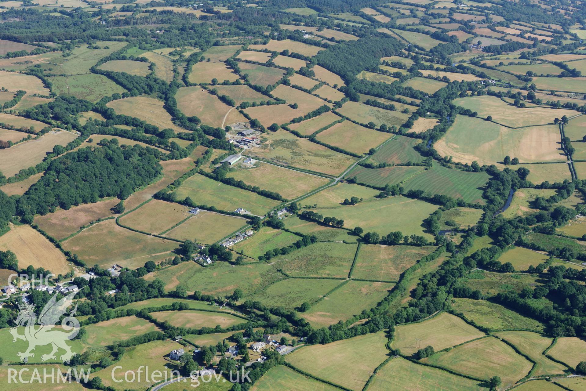 Royal Commission aerial photography of parchmarks of the Roman road approaching Llanfair Clydogau, taken on 19th July 2018 during the 2018 drought.