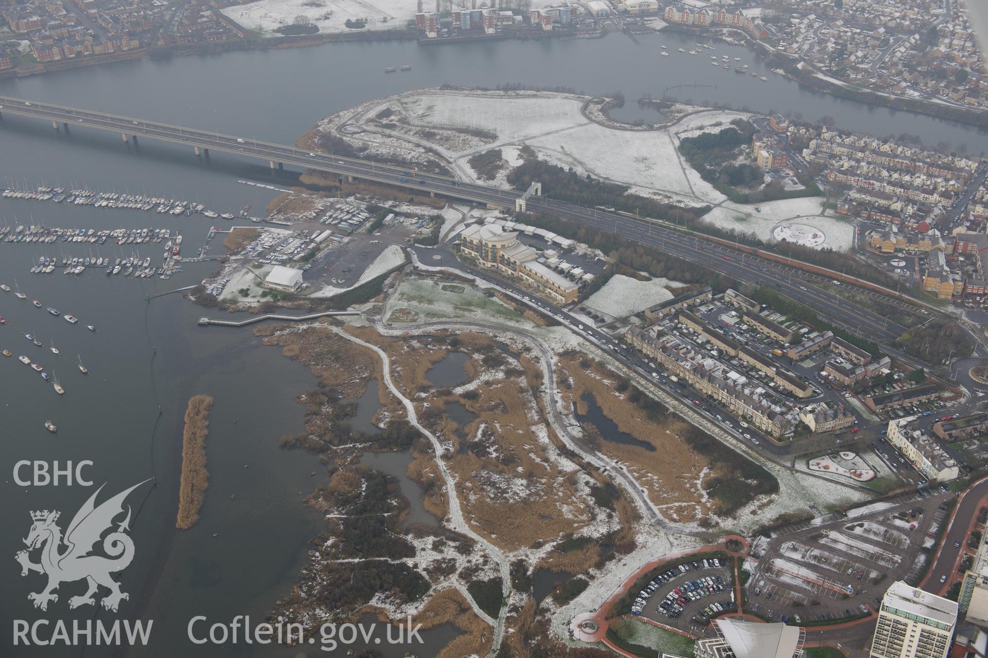 Hamadryad Park and the Lagoons and Wetlands Nature Reserve, Cardiff Bay. Oblique aerial photograph taken during the Royal Commission?s programme of archaeological aerial reconnaissance by Toby Driver on 24th January 2013.