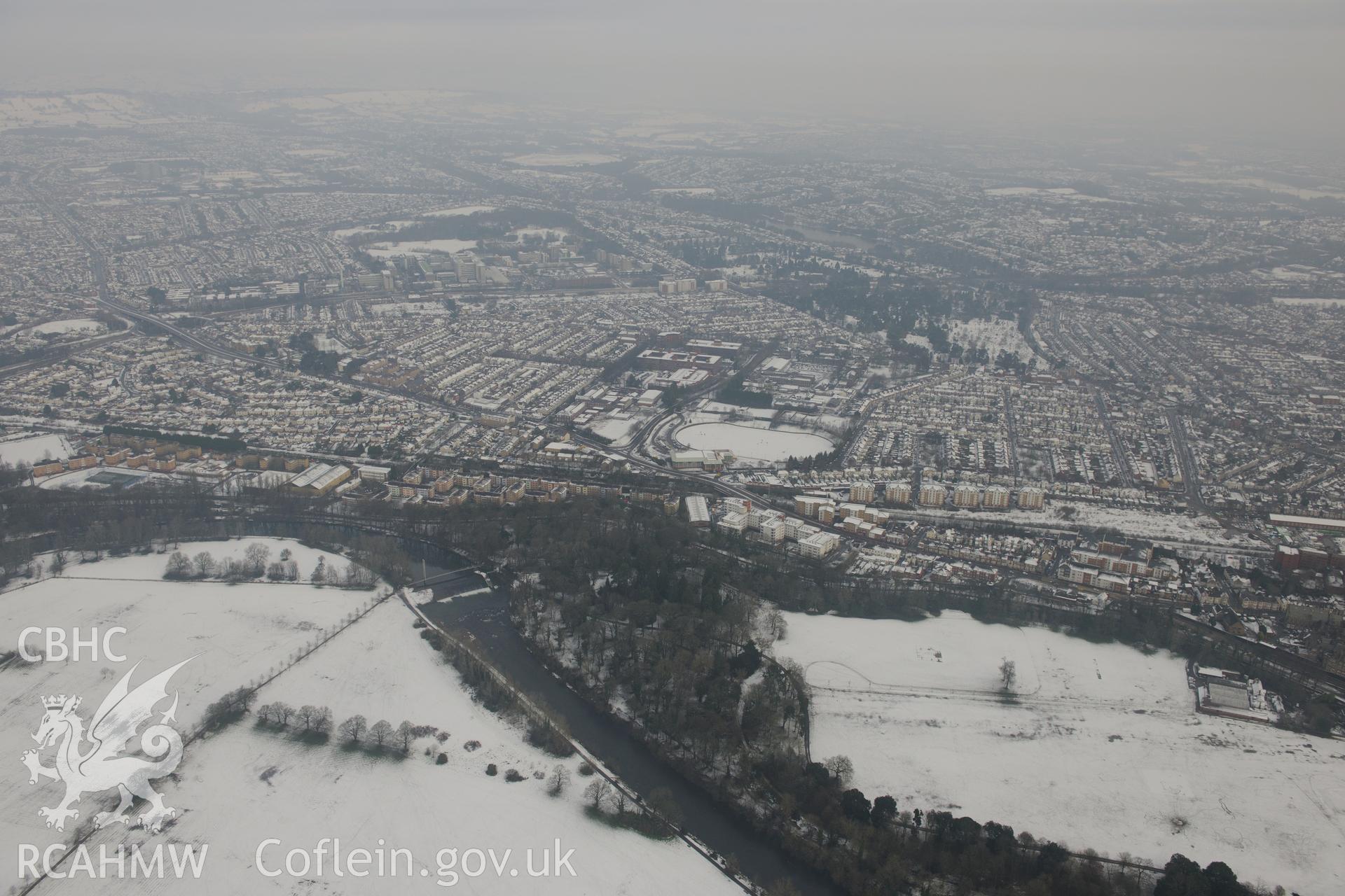 Pontcanna Fields and Bute Docks feeder, Cardiff. Oblique aerial photograph taken during the Royal Commission?s programme of archaeological aerial reconnaissance by Toby Driver on 24th January 2013.