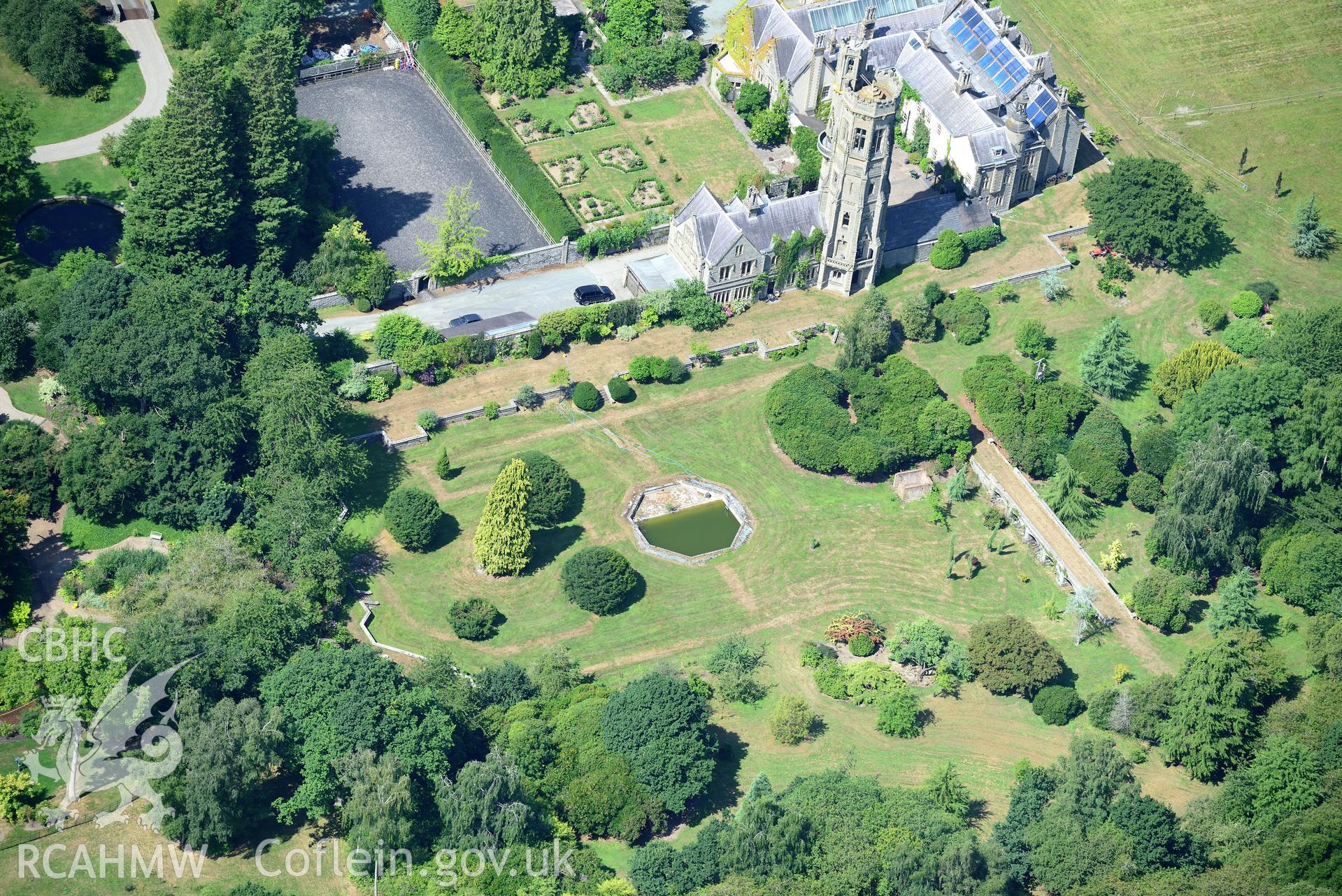 Royal Commission aerial photography of Leighton Hall, with garden parchmarks, taken on 19th July 2018 during the 2018 drought.