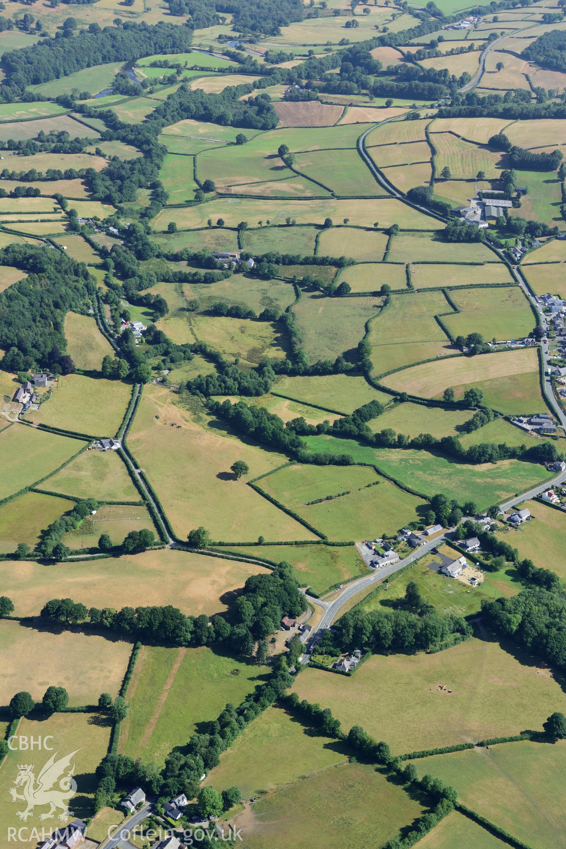 Royal Commission aerial photography of Roman road parchmarks at Aber-Giar or Ffynnon-drain taken on 19th July 2018 during the 2018 drought.