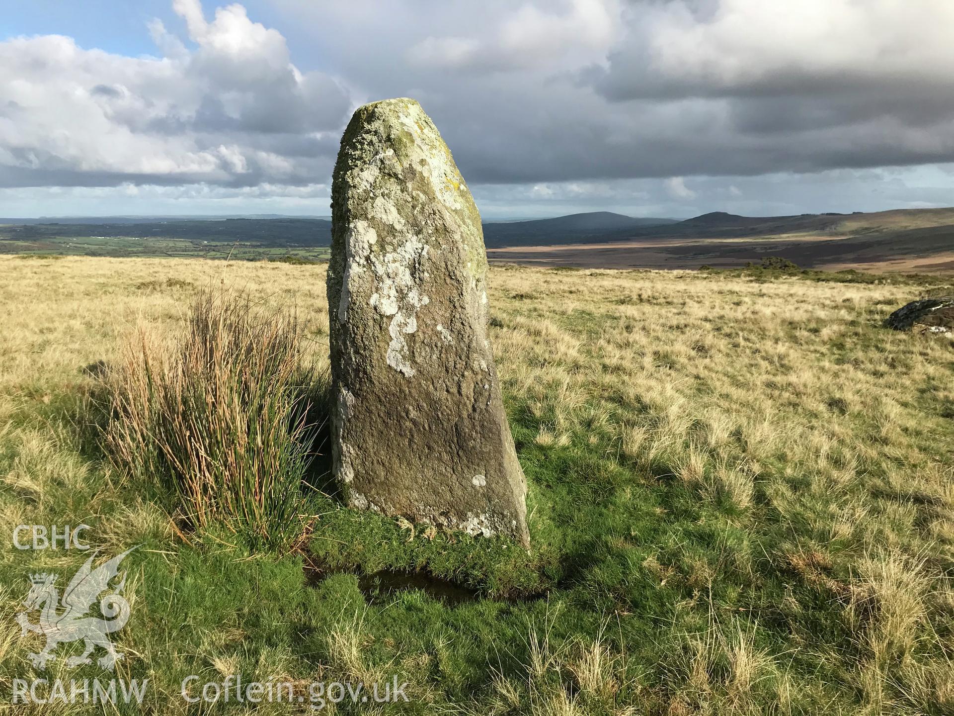 Digital colour photograph showing Waun Mawn standing stone (possible stone circle), Eglwyswrw, taken by Paul Davis on 22nd October 2019.