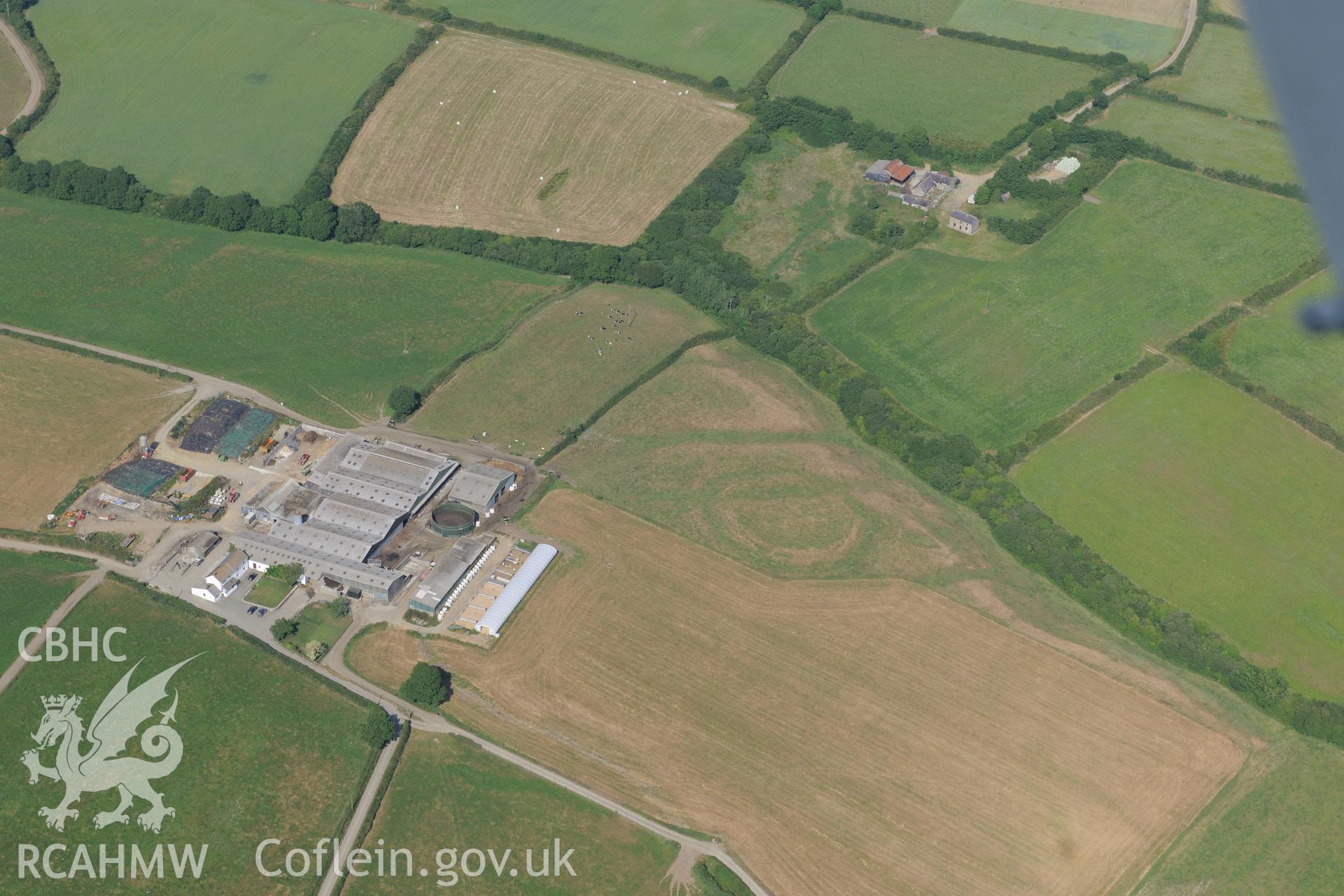 Pelcombe Rath defended enclosure north west of Haverford West. Oblique aerial photograph taken during the Royal Commission?s programme of archaeological aerial reconnaissance by Toby Driver on 16th July 2013.