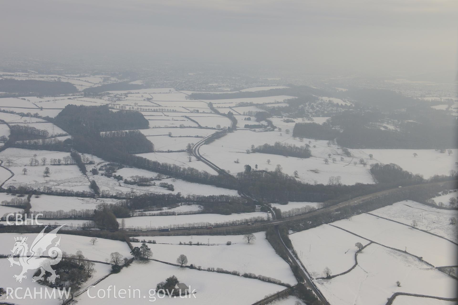 Site of the battle of St. Fagans and Tregochas earthworks of field system. Oblique aerial photograph taken during the Royal Commission?s programme of archaeological aerial reconnaissance by Toby Driver on 24th January 2013.