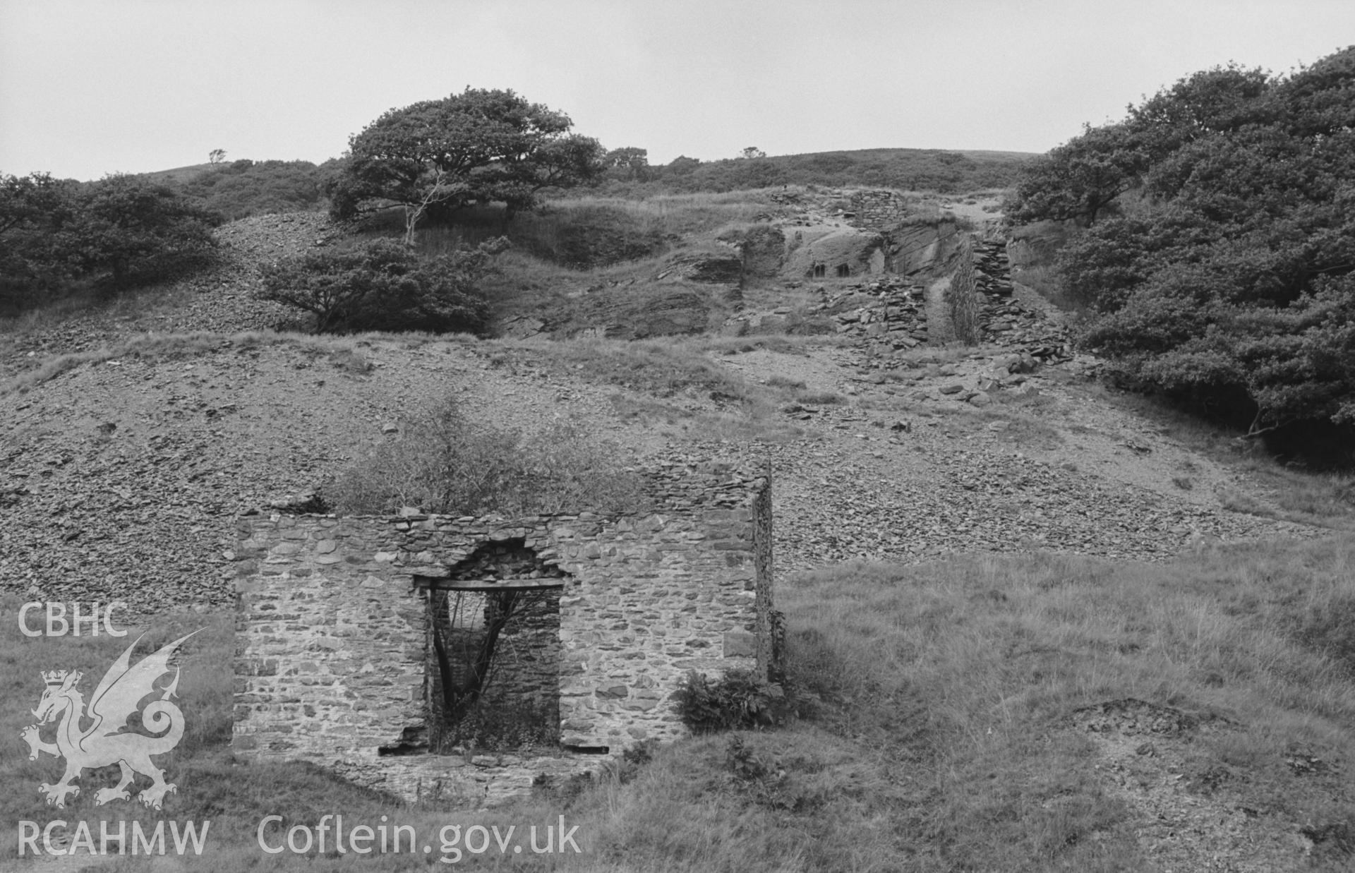 Digital copy of a black and white negative showing ruins of Abbey Consols mine; (?)wheel pit and two cavities in rock with iron bars fitted are at top right of picture. Photographed by Arthur O. Chater on 25th August 1967, looking north from SN 743 662.