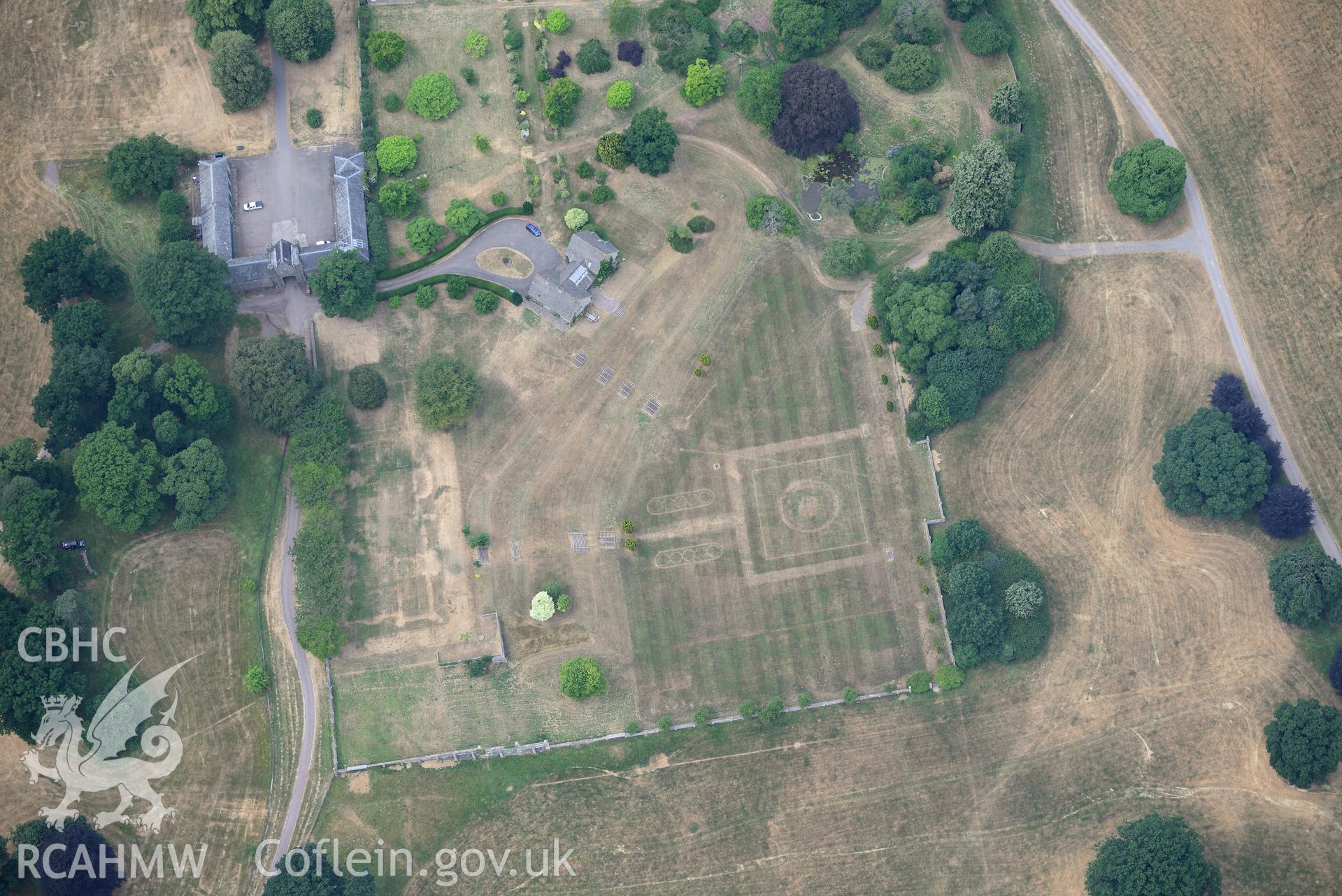 Royal Commission aerial photography of Glanusk Park House and garden taken on 19th July 2018 during the 2018 drought.