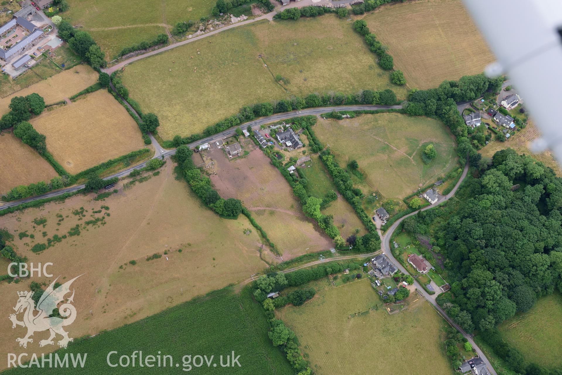 Royal Commission aerial photography of Blaenllynfi Castle taken on 19th July 2018 during the 2018 drought.