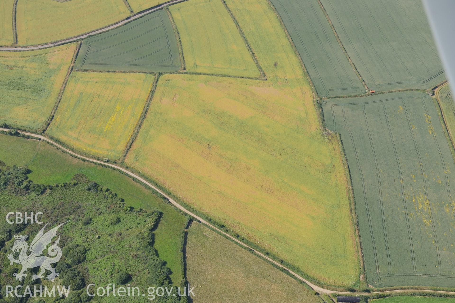 Mynydd Hwnt or Commins Mawr defended enclosure, east of Trefin, Pembrokeshire. Oblique aerial photograph taken during the Royal Commission?s programme of archaeological aerial reconnaissance by Toby Driver on 16th July 2013.