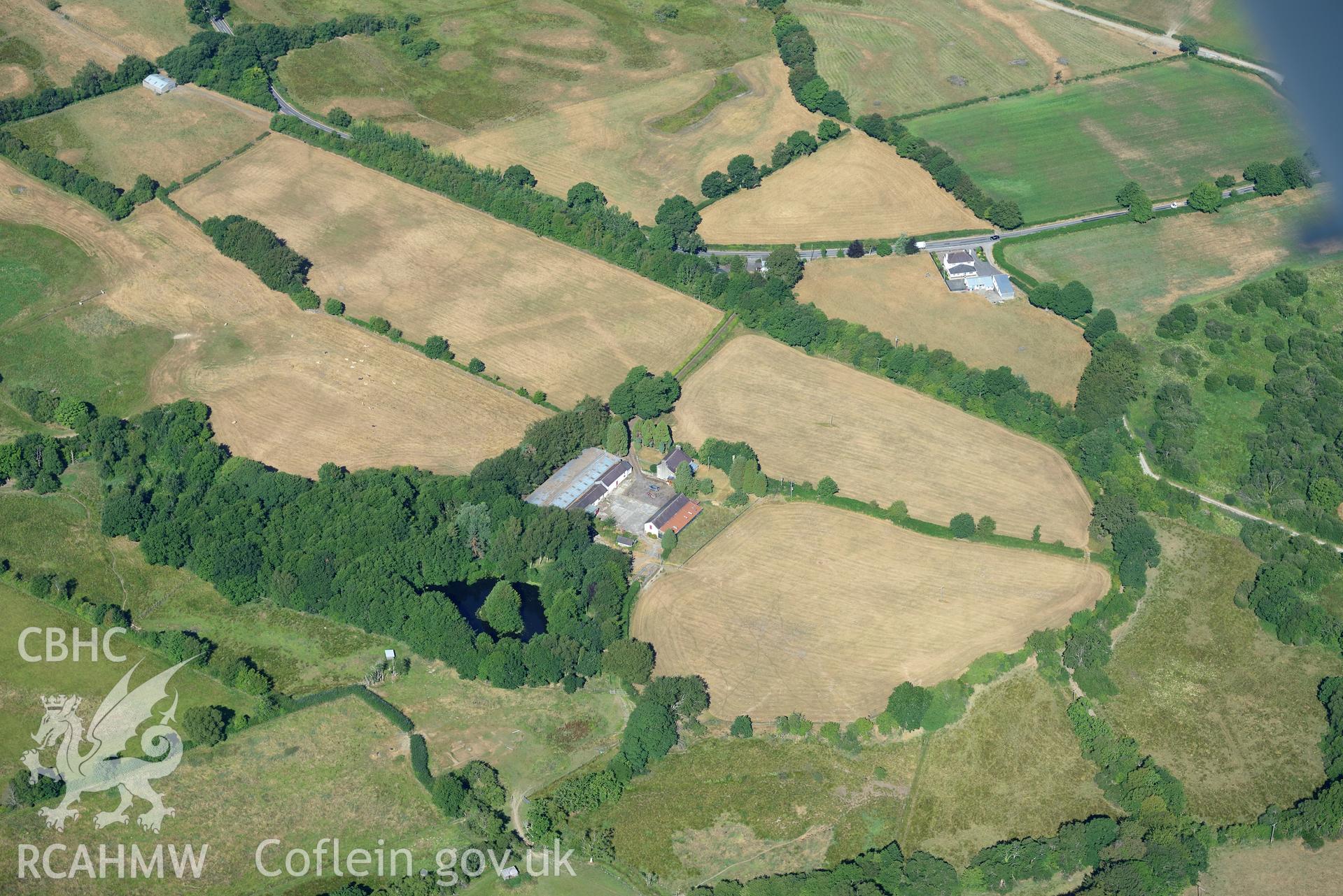 Royal Commission aerial photography of Llanio Roman fort and environs taken on 19th July 2018 during the 2018 drought.