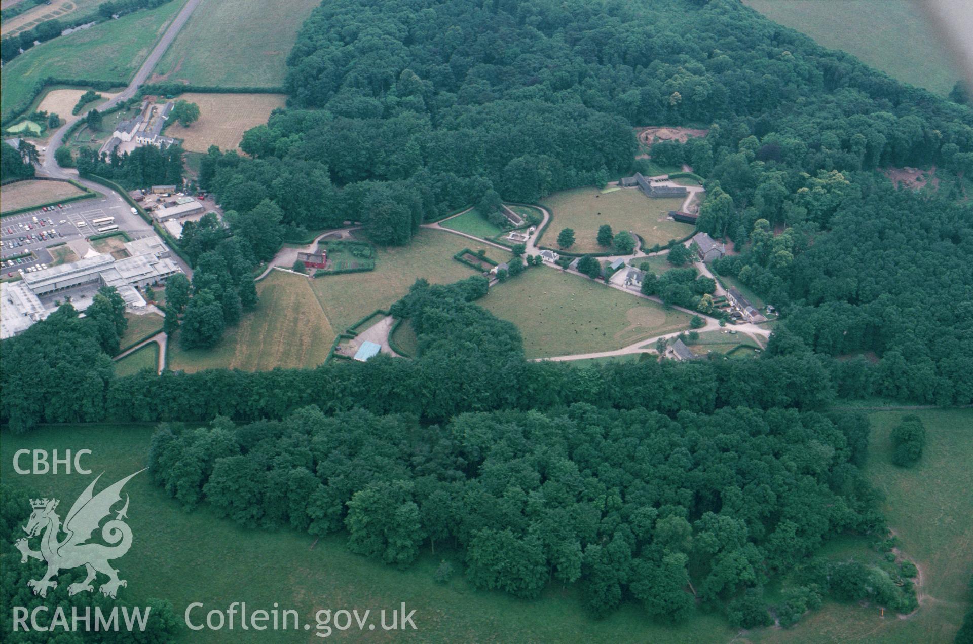 Digital copy of a colour slide showing an aerial view of Welsh Folk Museum, St Fagans, dated 2001.