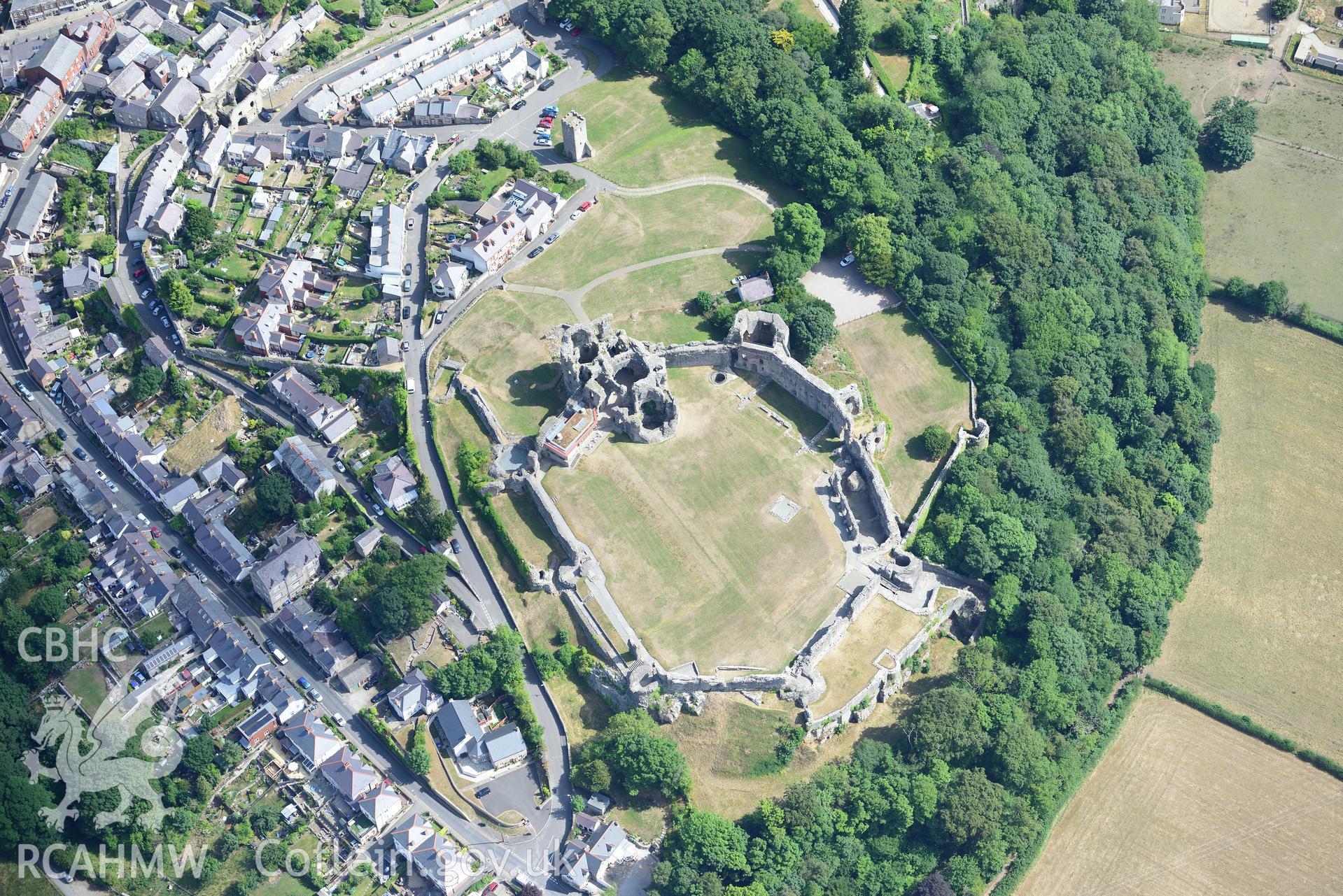 Royal Commission aerial photography of Denbigh Castle with extensive parchmarks taken on 19th July 2018 during the 2018 drought.