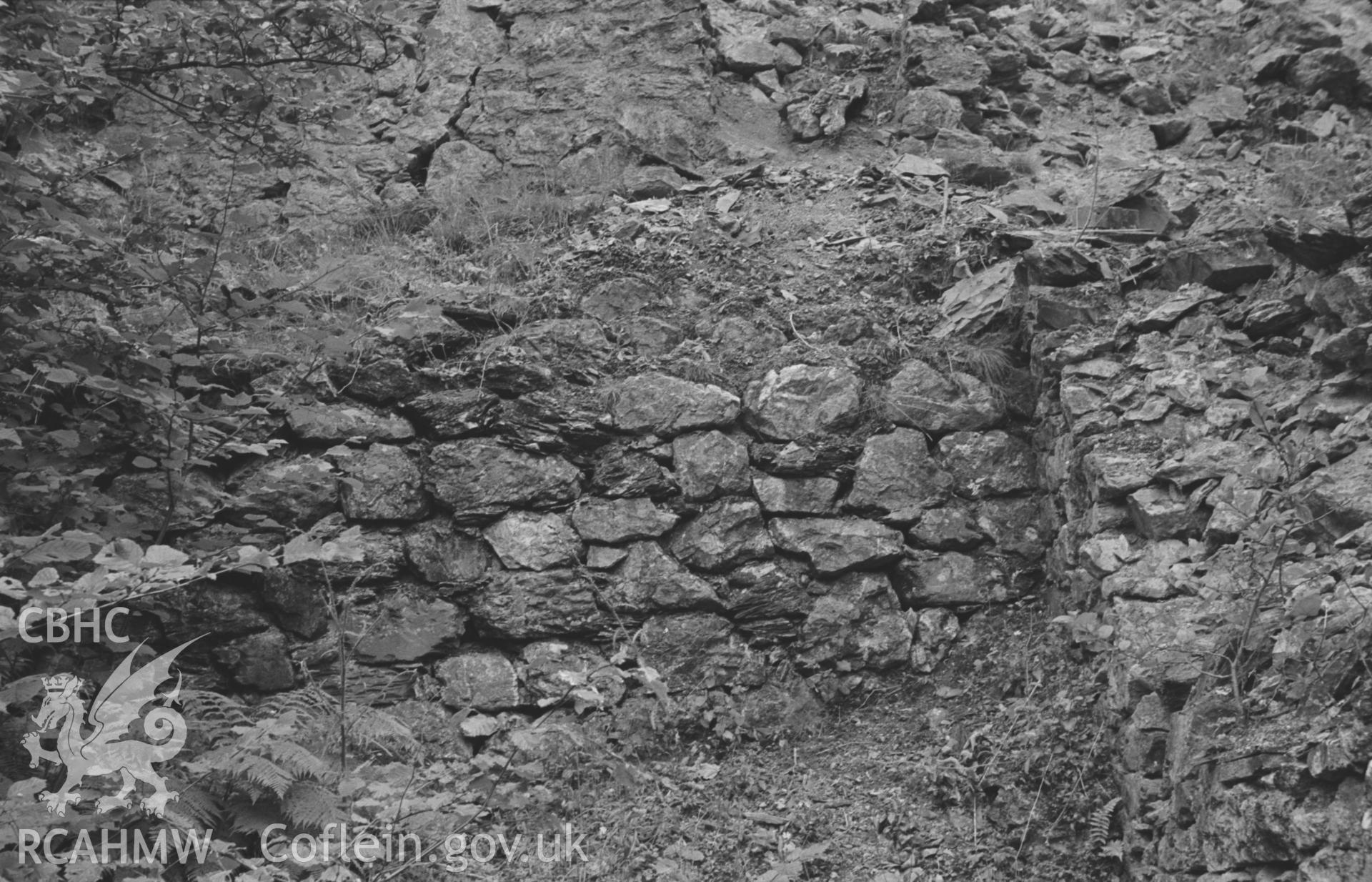 Digital copy of a black and white negative showing old masonry forming part of the ruins of the main buildings at Bronfloyd Lead Mine, near Penrhyncoch, Aberystwyth. Photographed by Arthur O. Chater in August 1966 from Grid Reference SN 661 836.