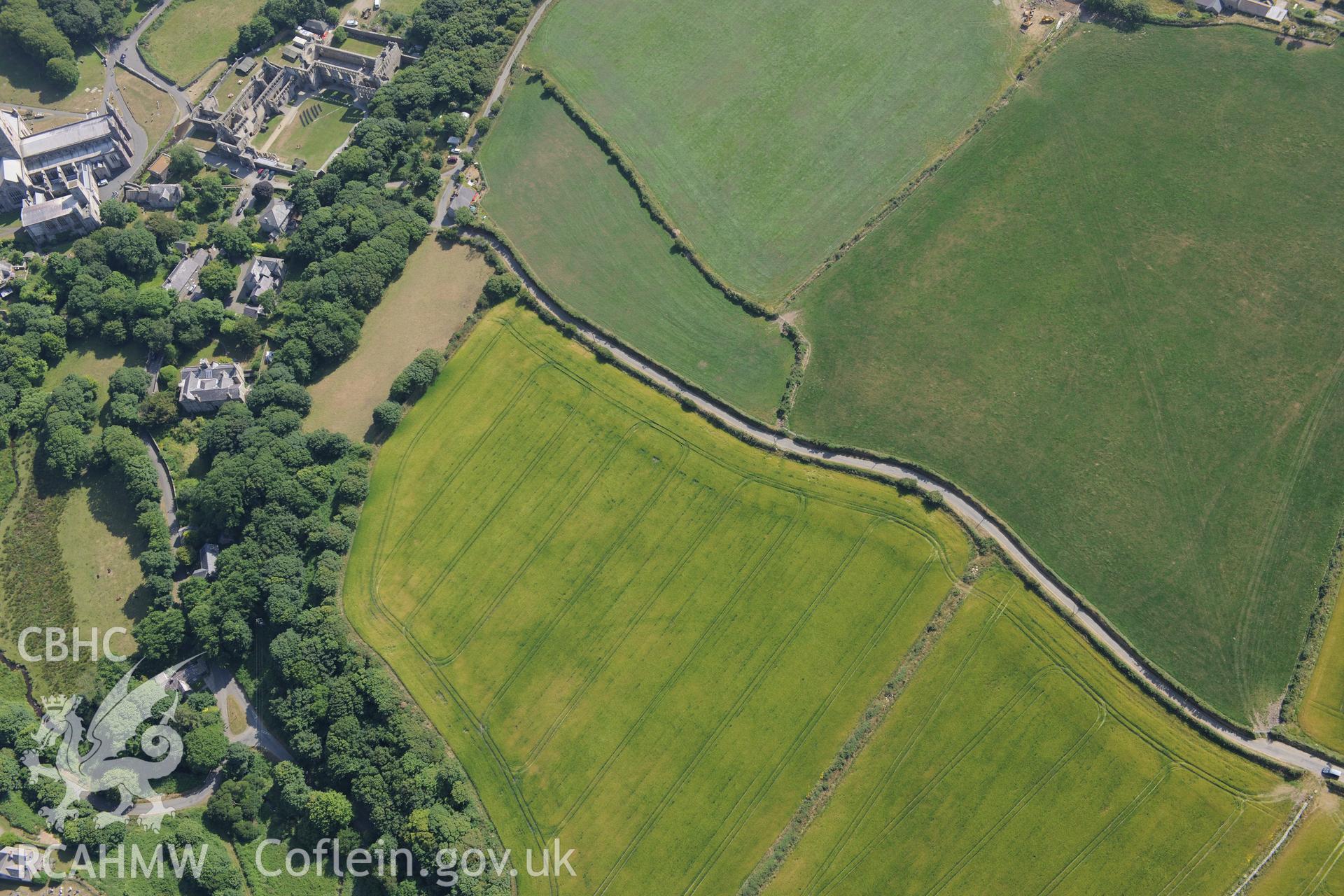 St Davids Cathedral, St Davids Bishops Palace and Pont y Penyd Cropmarks, St Davids. Oblique aerial photograph taken during the Royal Commission?s programme of archaeological aerial reconnaissance by Toby Driver on 16th July 2013.