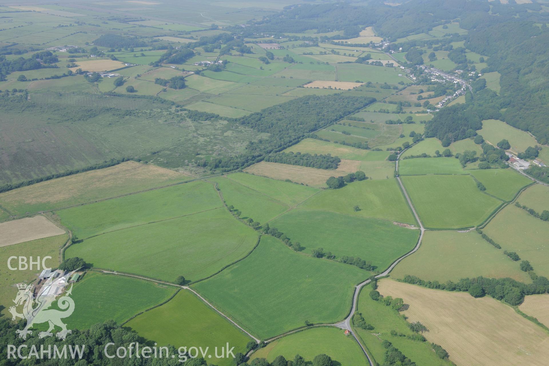 Llangynfelin timber trackway, Borth Bog. Oblique aerial photograph taken during the Royal Commission?s programme of archaeological aerial reconnaissance by Toby Driver on 12th July 2013.