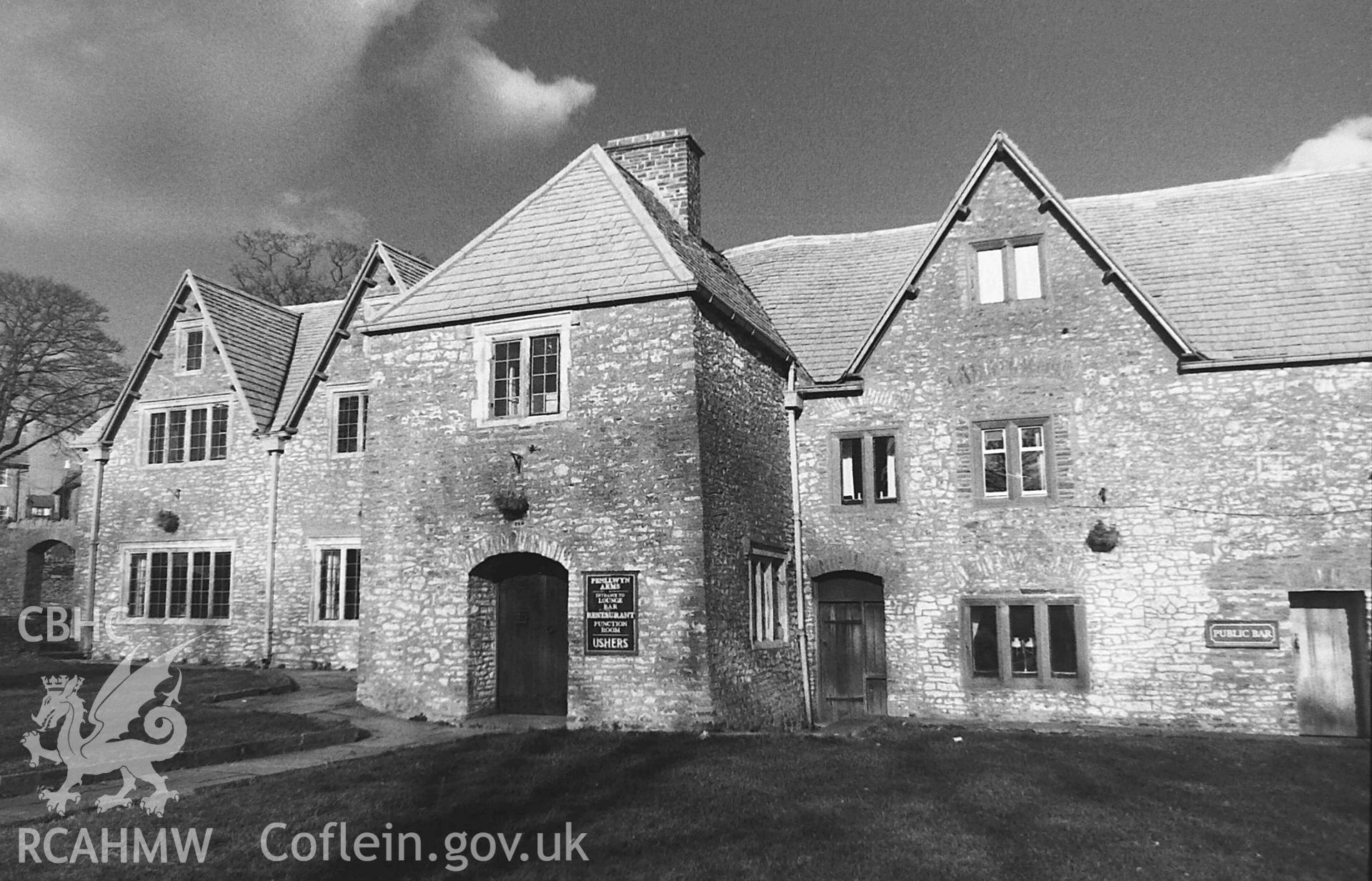 Digitised black and white photograph showing exterior view of Penllwyn Manor House, Pontllanfraith, taken by Paul Davis in 1990.