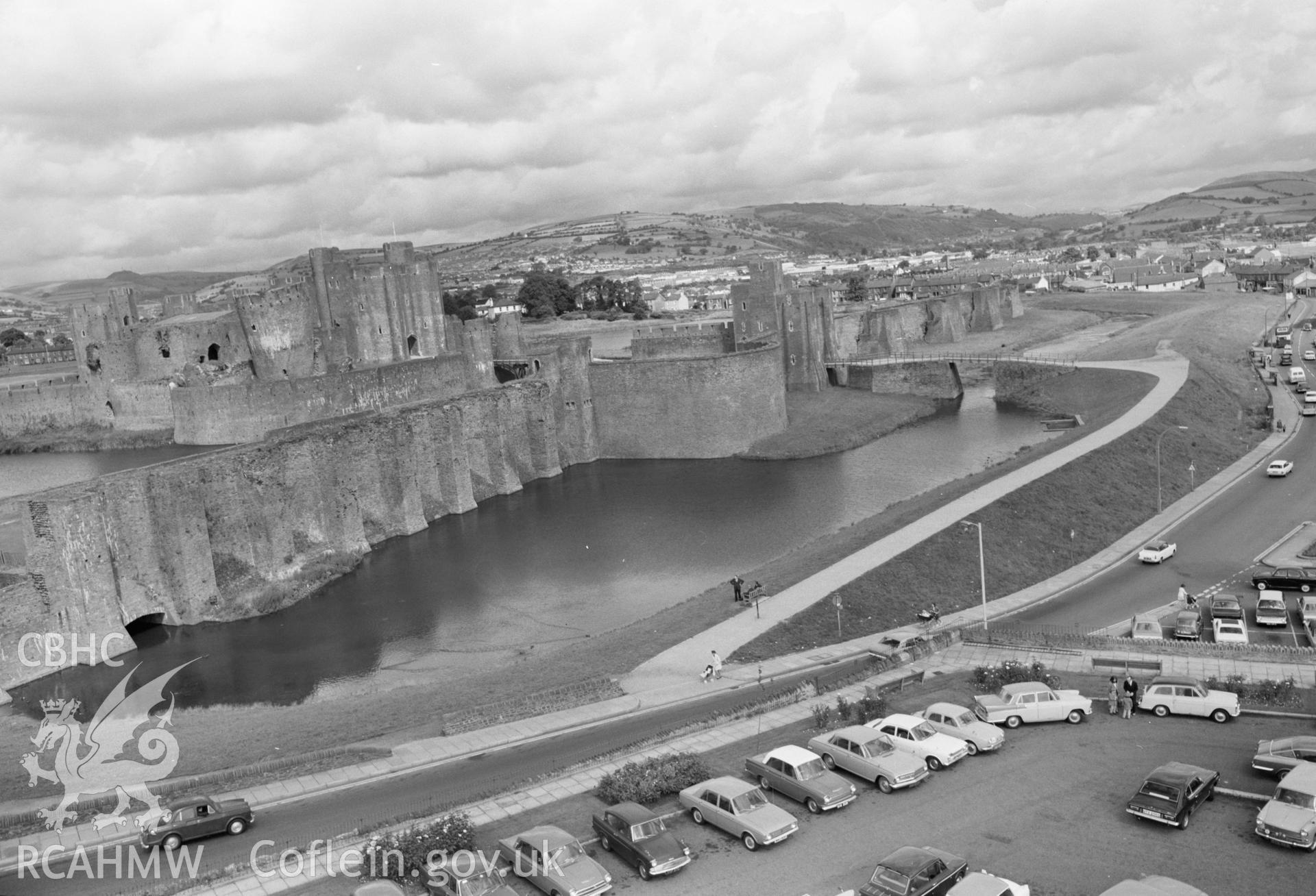 Digital copy of a black and white negative showing Caerphilly Castle, July 1970.