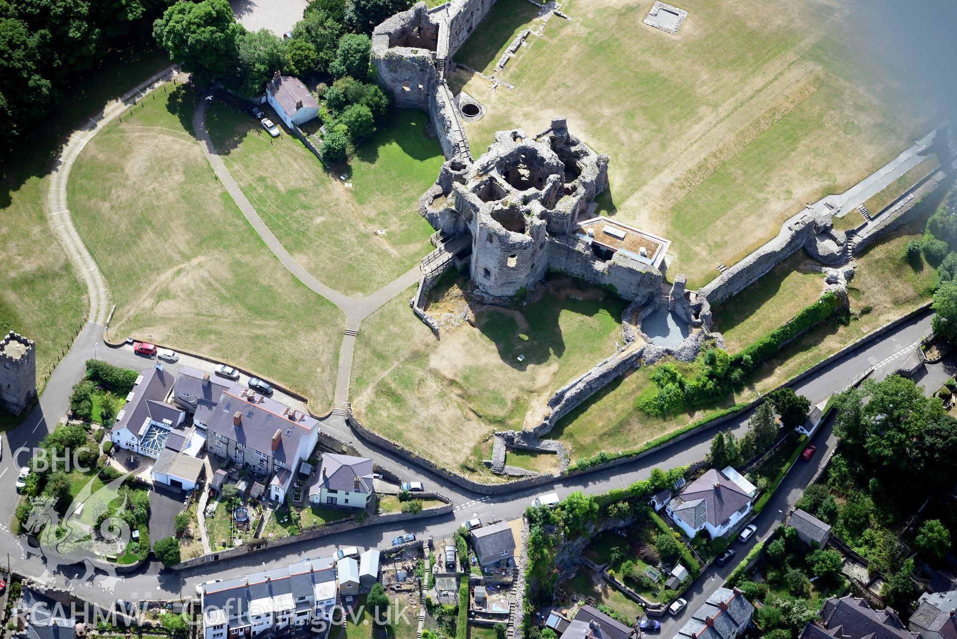 Royal Commission aerial photography of Denbigh Castle with extensive parchmarks taken on 19th July 2018 during the 2018 drought.