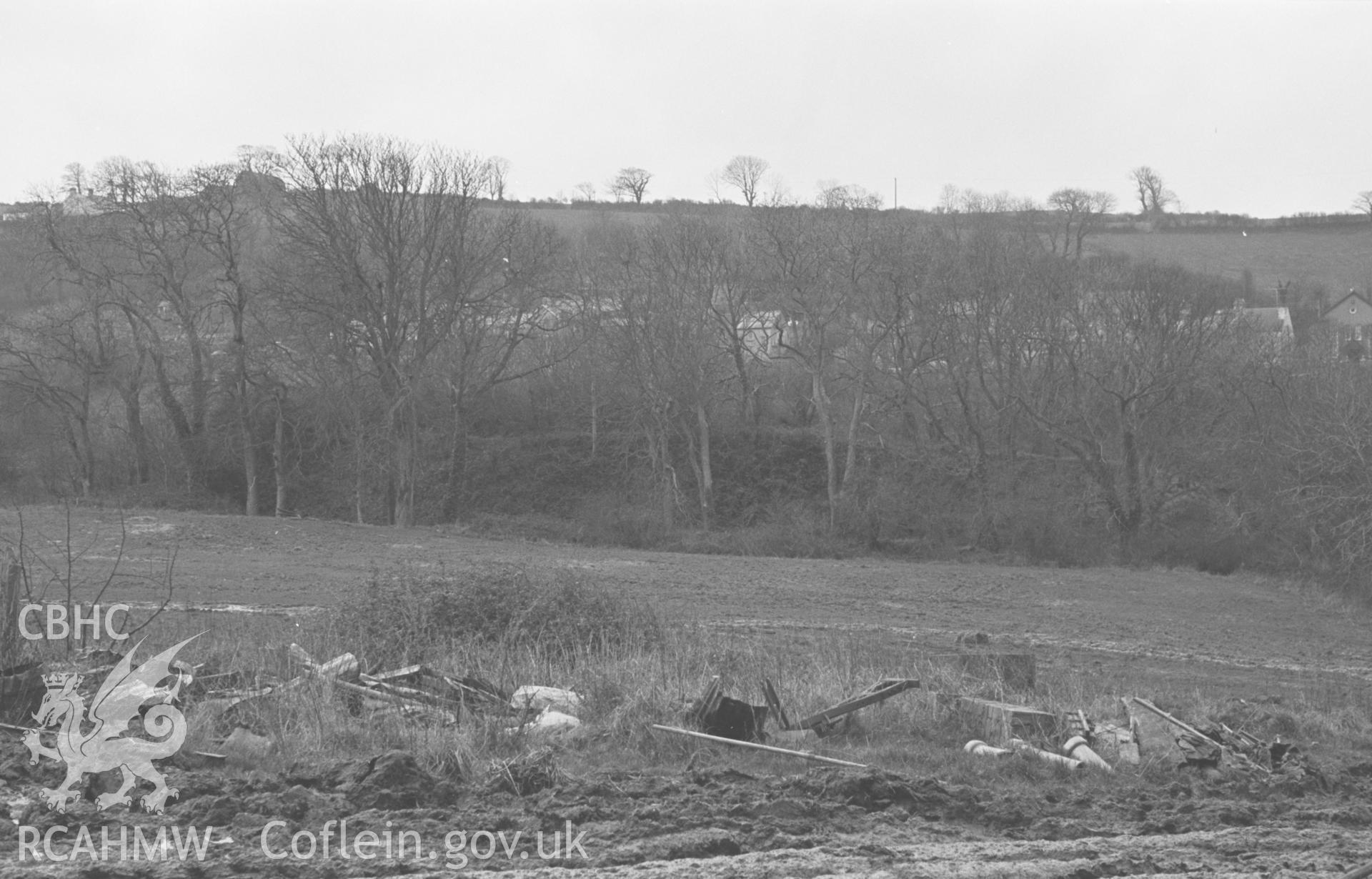 Digital copy of a black and white negative showing motte of old Norman Castle by Old Castle Farm, Cardigan. Photographed by Arthur O. Chater in September 1966 looking west from Grid Reference SN 1654 4643.