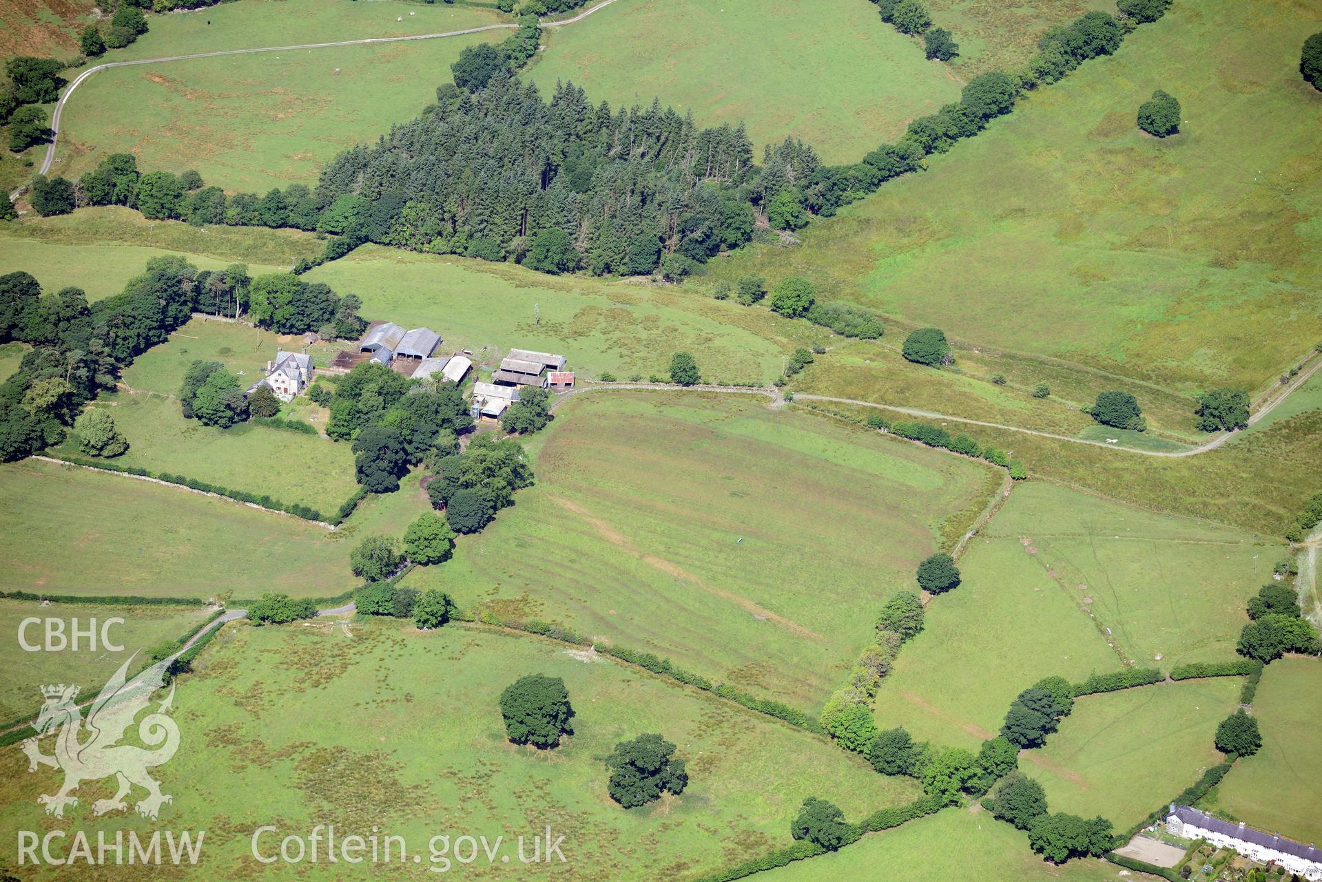 Royal Commission aerial photography of Caer Gai Roman fort, with parchmarks of the Roman road, taken on 19th July 2018 during the 2018 drought.