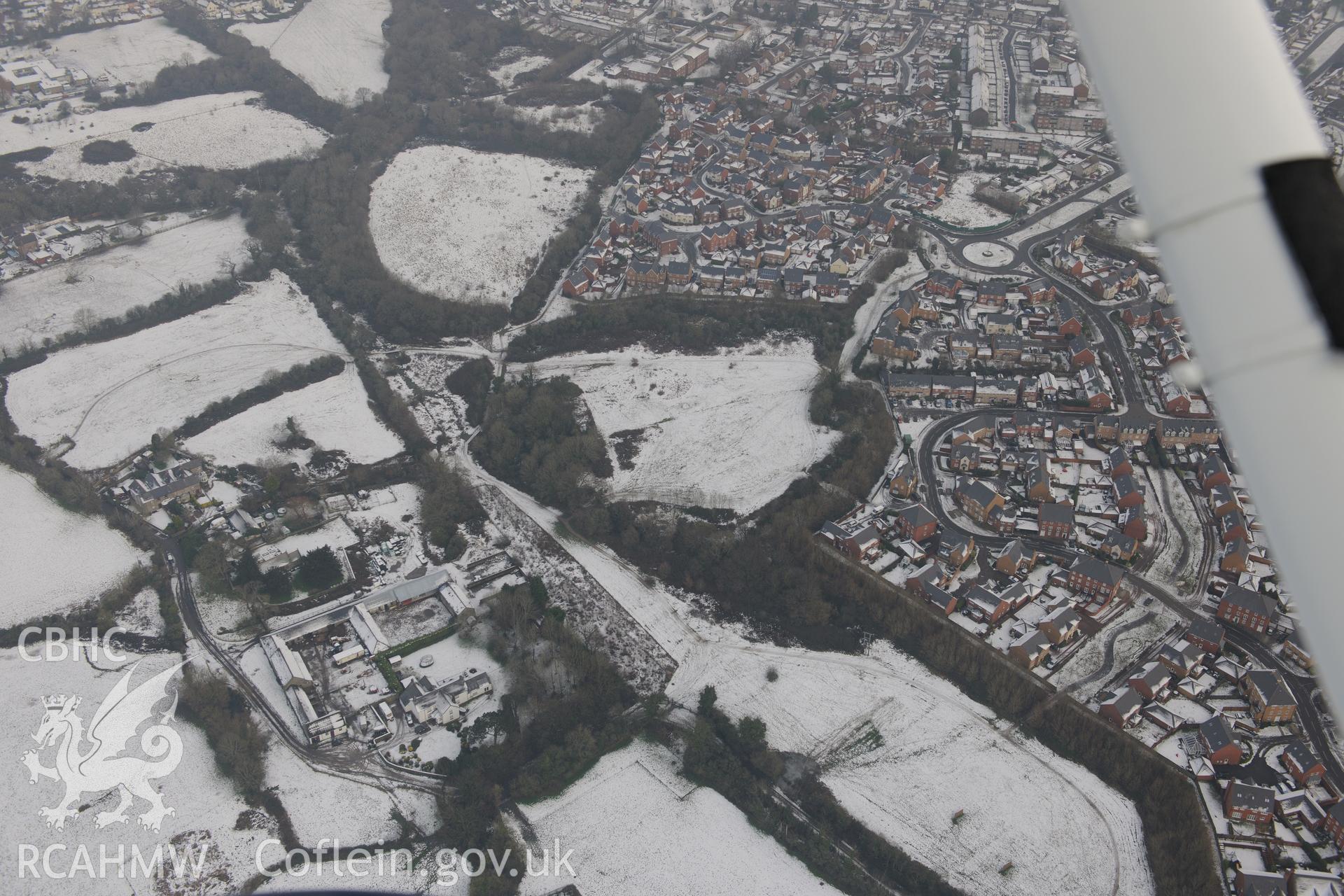 Old Cogan Hall, Cogan Hall Farm and Cogan Deserted Rural Settlement, on the outskirts of Penarth, Cardiff. Oblique aerial photograph taken during the Royal Commission?s programme of archaeological aerial reconnaissance by Toby Driver on 24th January 2013.