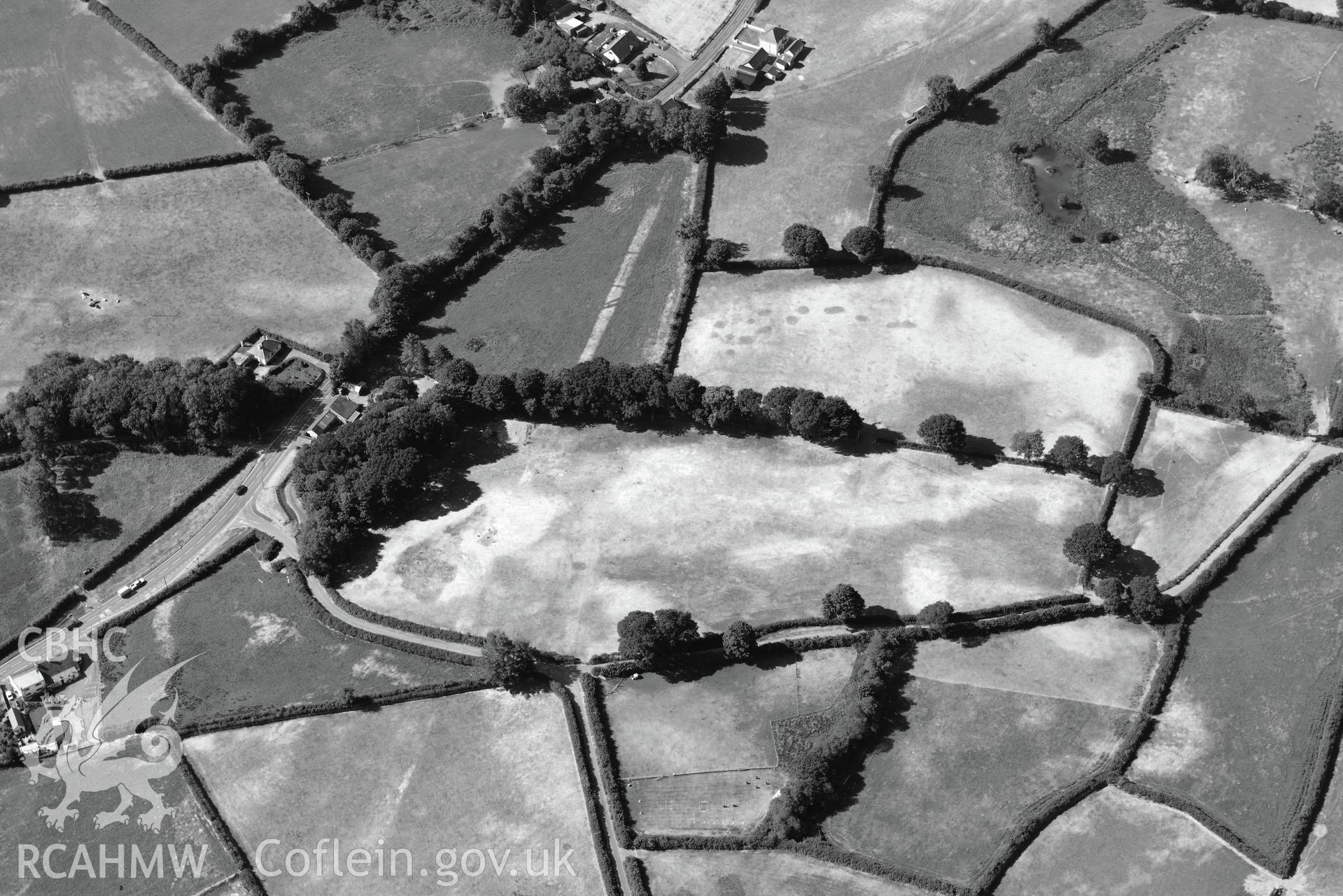 Royal Commission aerial photography of Roman road parchmarks at Aber-Giar or Ffynnon-drain taken on 19th July 2018 during the 2018 drought.