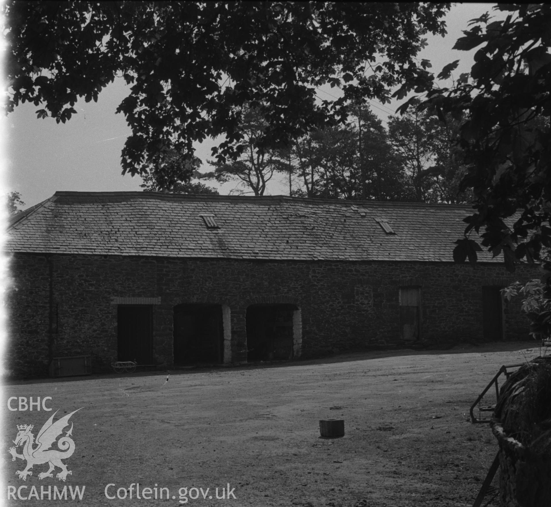 Digital copy of a black and white negative showing view of farm buildings at Old Abbey Farm, Ystrad Fflur. Photographed by Arthur O. Chater in August 1967.