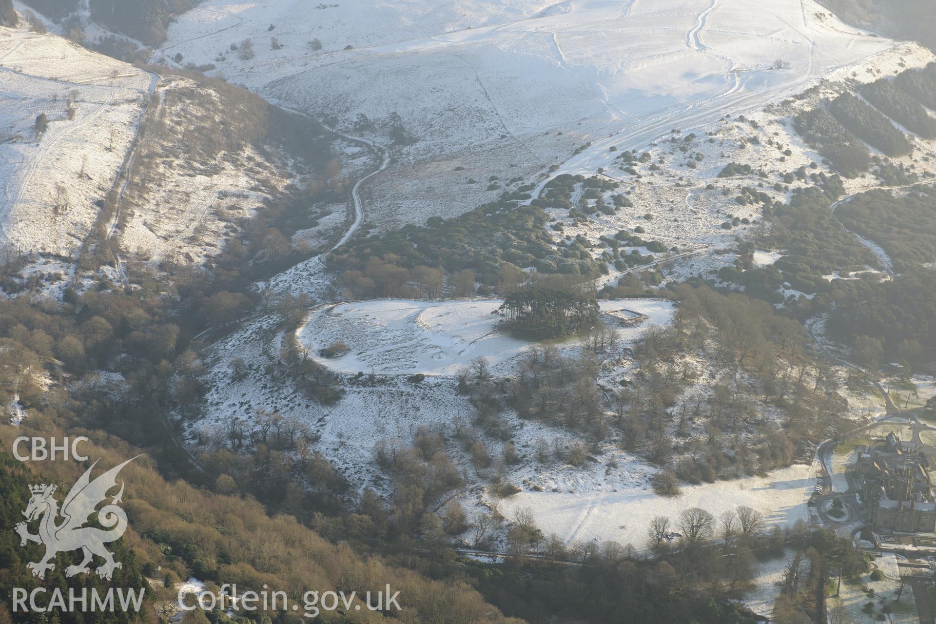 Mynydd-y-Castell camp hillfort, Margam, Port Talbot. Oblique aerial photograph taken during the Royal Commission?s programme of archaeological aerial reconnaissance by Toby Driver on 24th January 2013.