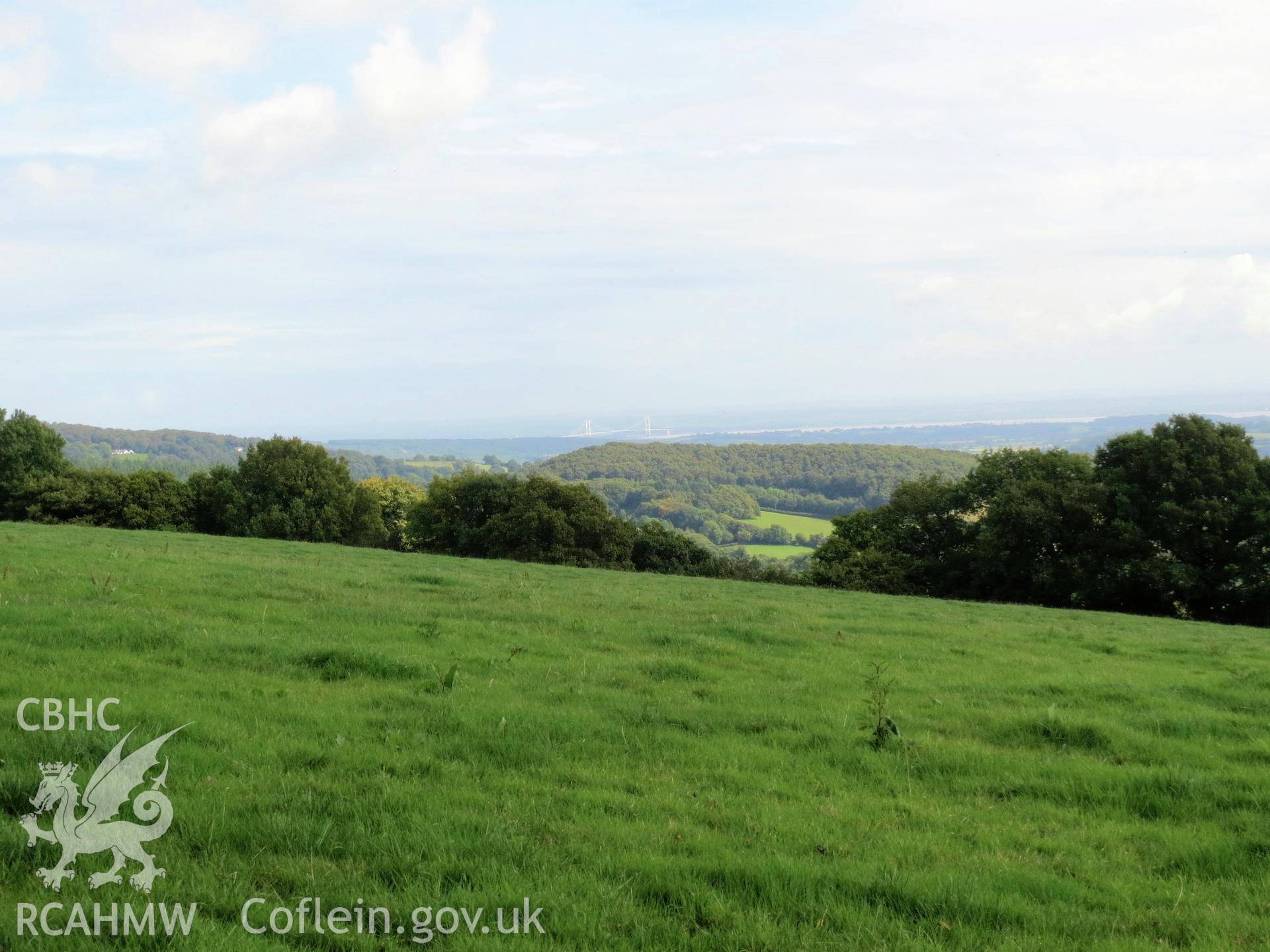 View from the development site towards Castell Prin Iron Age hillfort (below Severn Bridge). Looking east-south-east. Part of Archaeological Watching Brief of Caerlicyn Lane, Langstone, Newport, carried out by Archaeology Wales, 2016.