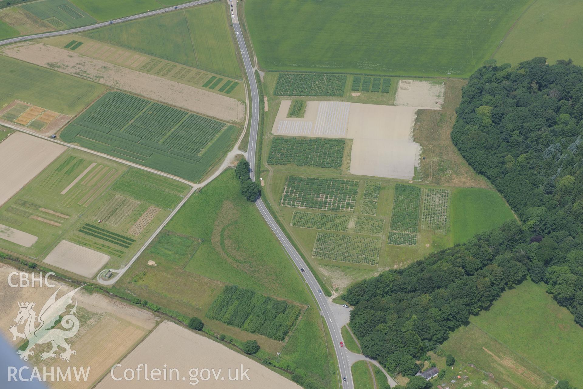 Gogerddan Enclosure, on the southern outskirts of Bow Street, Aberystwyth. Oblique aerial photograph taken during the Royal Commission?s programme of archaeological aerial reconnaissance by Toby Driver on 12th July 2013.