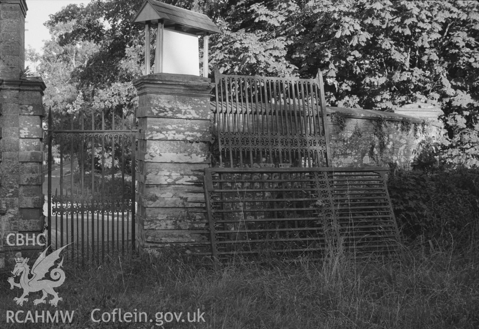 Digital copy of a black and white negative showing view of the gates at Castell Malgwyn, Llechryd, south east of Cardigan. Photographed by Arthur O. Chater in September 1964.